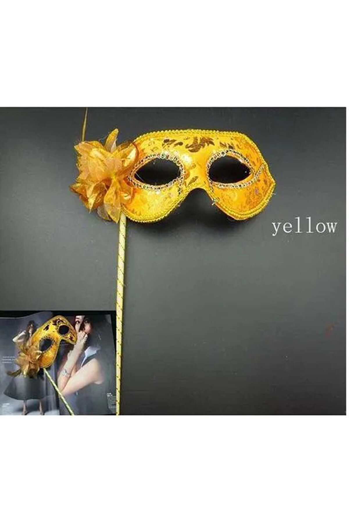 Go İthalat L&uuml;ks Taşlı Saplı Maskeli̇ Balo Maskesi̇ Altın Renk 35 Cm (5258)