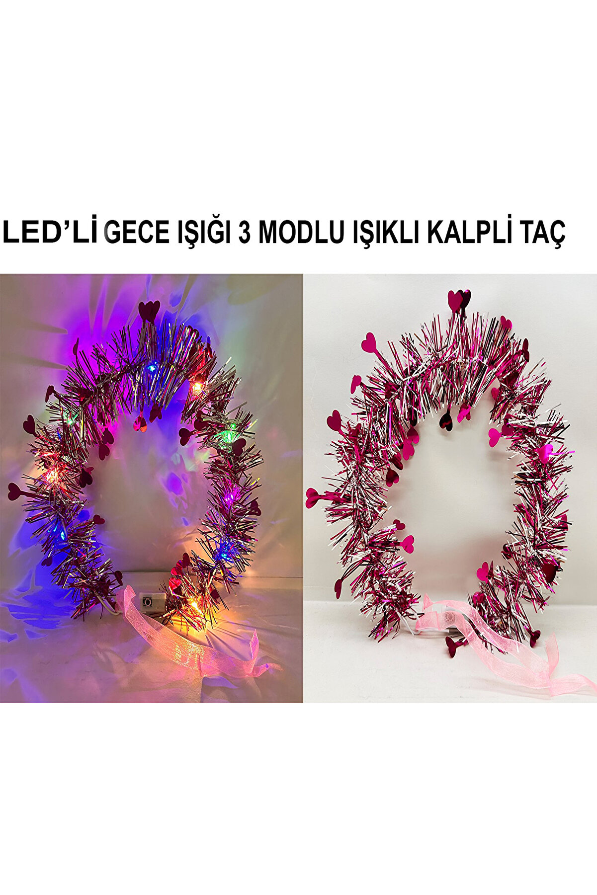 Go İthalat Kalp P&uuml;sk&uuml;ll&uuml; Gece Parıltısı 3 Modlu Led Li̇ Işıklı Ta&ccedil; Fuşya Renk (5258)