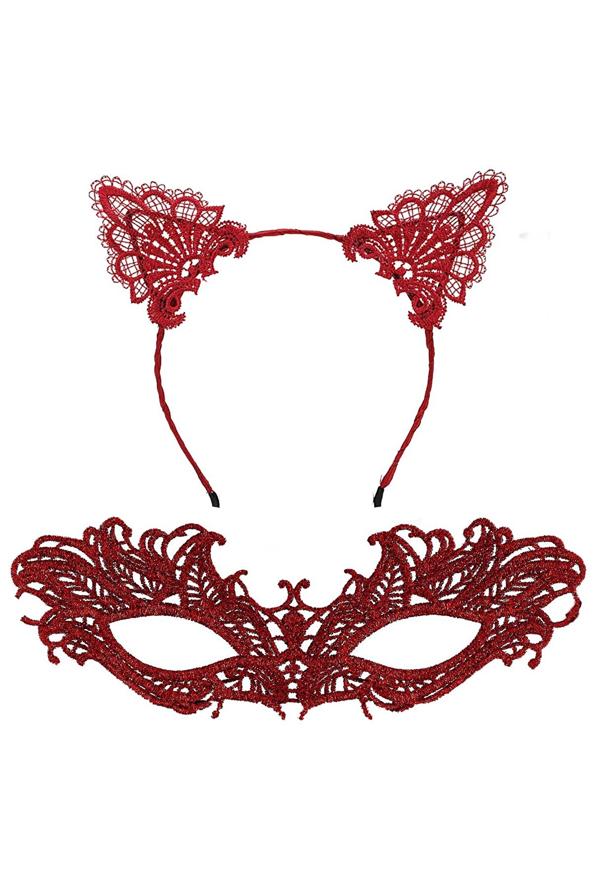 Go İthalat Şık Kırmızı Dantel Maske Ve Ta&ccedil; Seti̇ 5 No - Maskeli̇ Balo & &Ouml;zel Etki̇nli̇kler (5258)