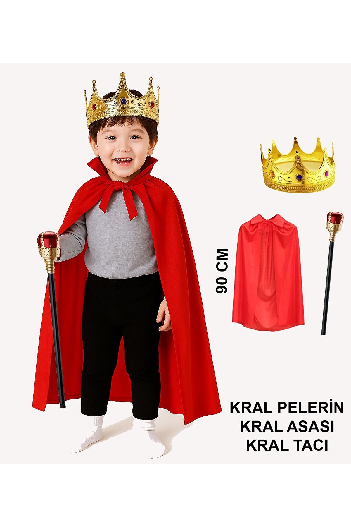 Go İthalat &Ccedil;ocuk Kral Kost&uuml;m Seti̇ &ndash; Kırmızı Peleri̇n, Ta&ccedil; Ve Asa (90 Cm) (4457)