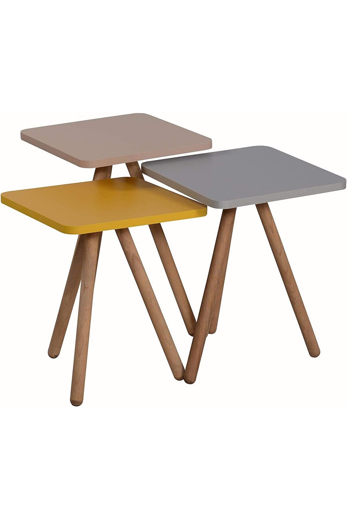 STOREMAX GÇAVM Renkli Üçlü Zigon Sehpa Ahşap Ayaklı Kare Pastel Tasarım Gri Sarı Cappuccino ShopGÇ 1