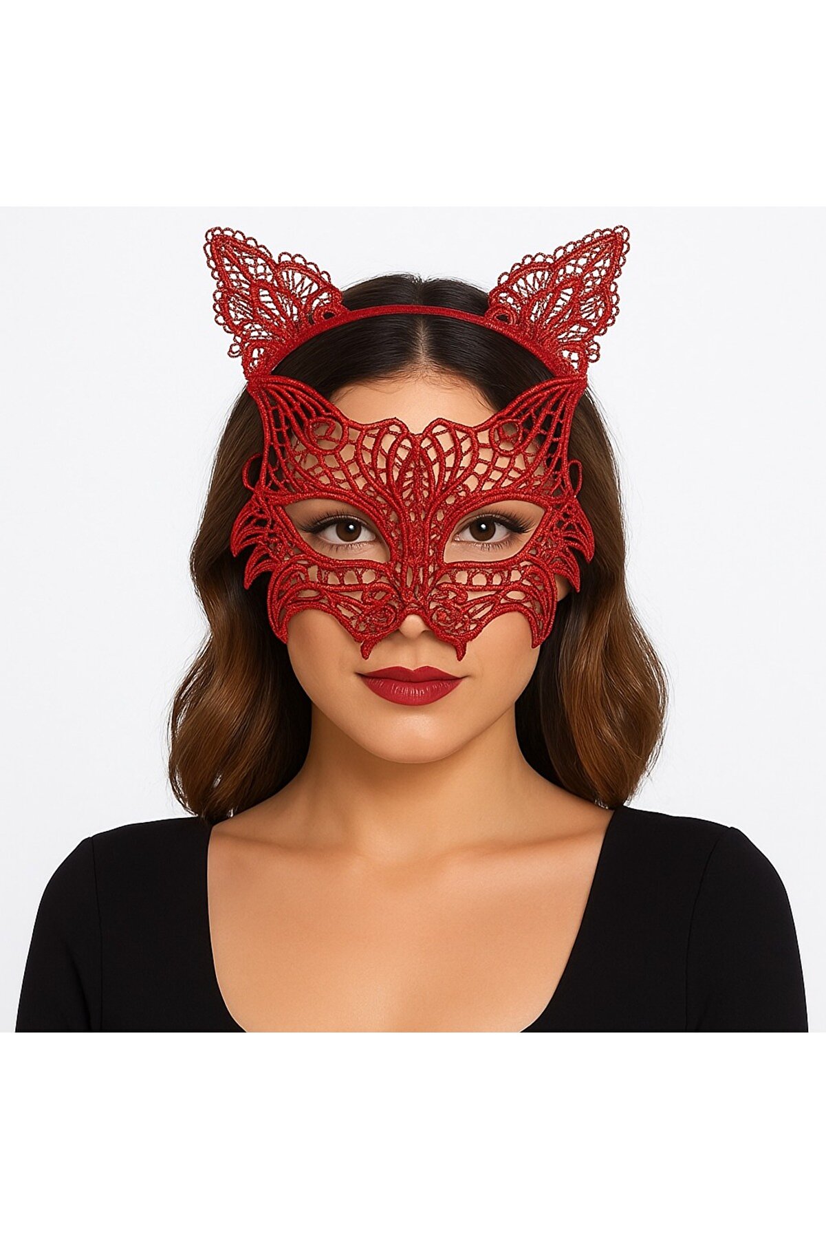 Go İthalat Kırmızı Dantel Kedi̇ Maskesi̇ Ve Dantel Ta&ccedil; Seti̇ 8 No &ndash; Kadın Kost&uuml;m Aksesuarı (4457)
