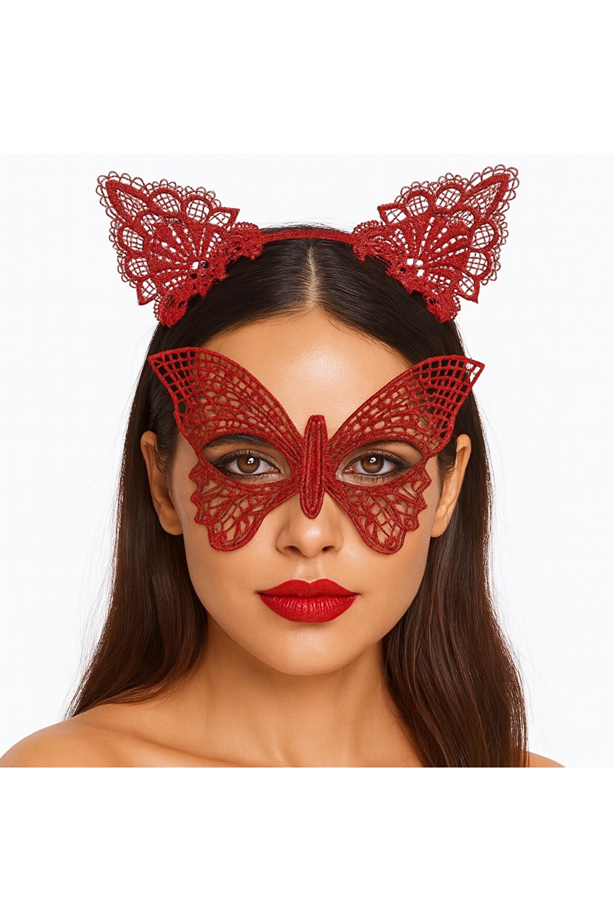 Go İthalat G&ouml;steri̇şli̇ Kırmızı Dantel Maske Ve Ta&ccedil; Seti̇ 7 No - Masquerade Ve Davetler İ&ccedil;i̇n (5258)