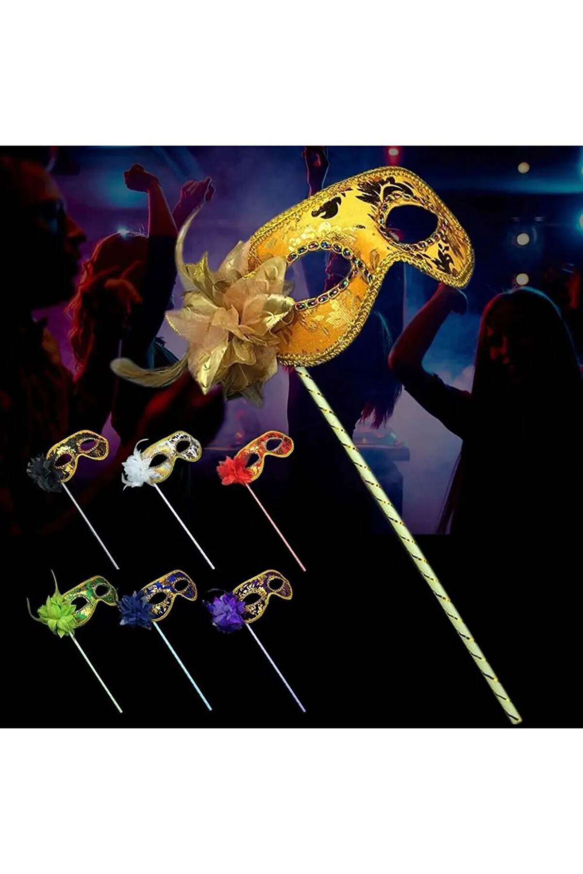 Go İthalat L&uuml;ks Taşlı Saplı Maskeli̇ Balo Maskesi̇ Kırmızı Renk 35 Cm (5258)