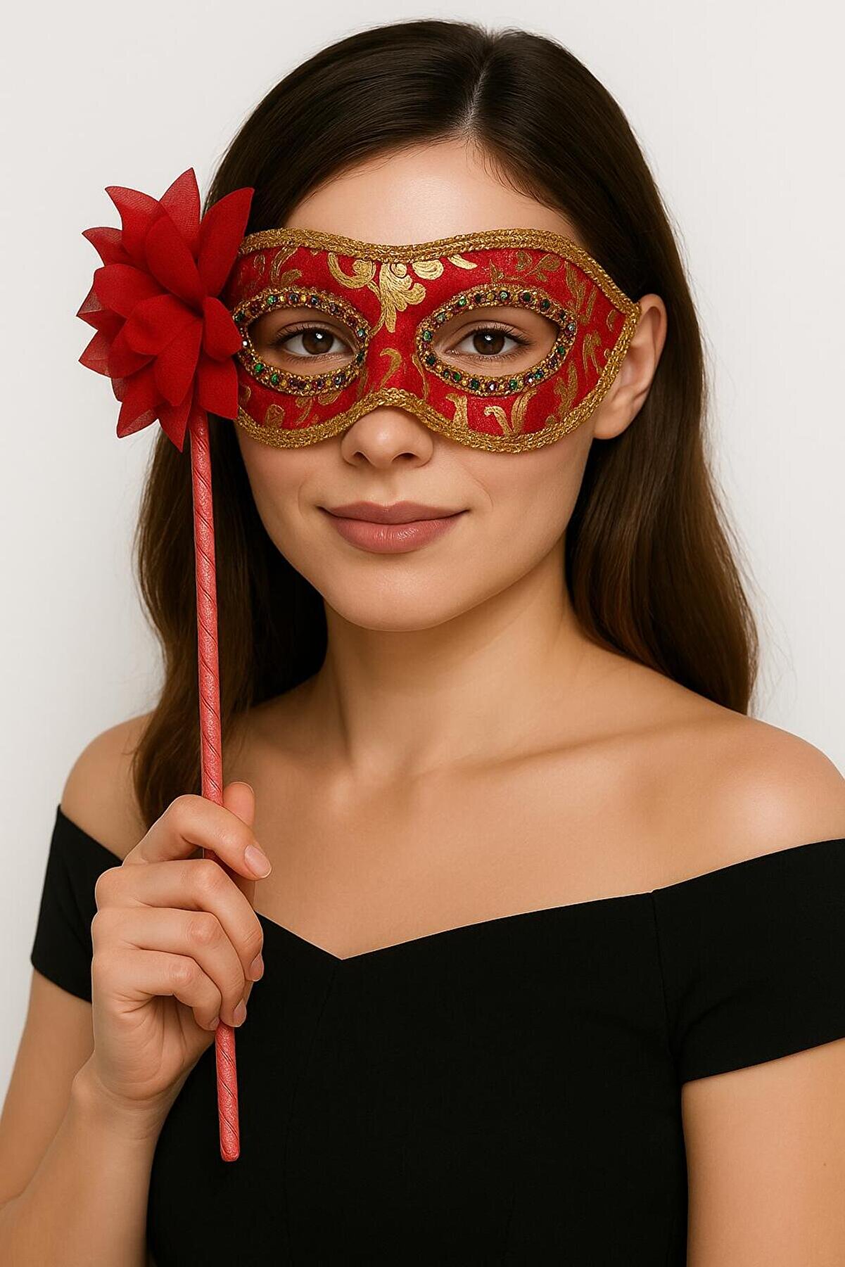 Go İthalat L&uuml;ks Taşlı Saplı Maskeli̇ Balo Maskesi̇ Kırmızı Renk 35 Cm (5258)