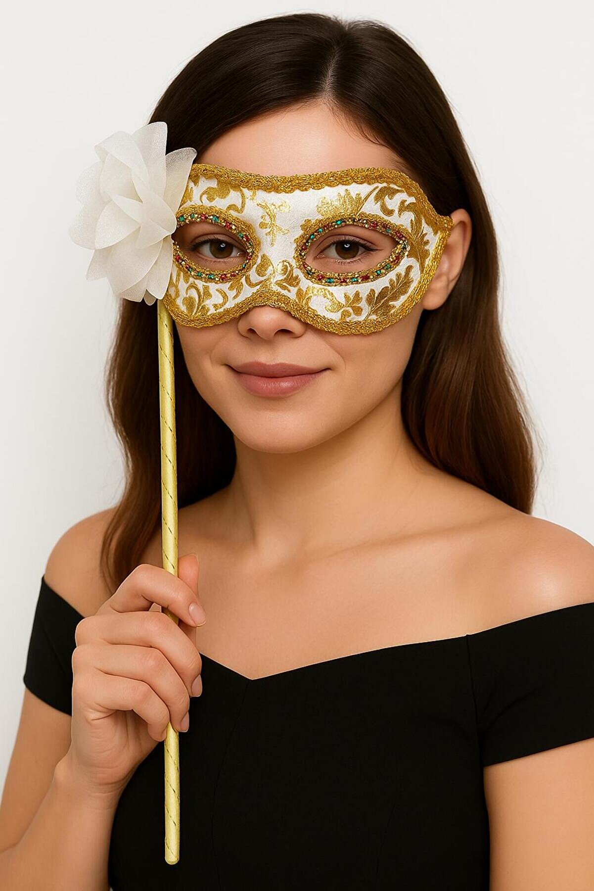 Go İthalat L&uuml;ks Taşlı Saplı Maskeli̇ Balo Maskesi̇ Beyaz Renk 35 Cm (5258)