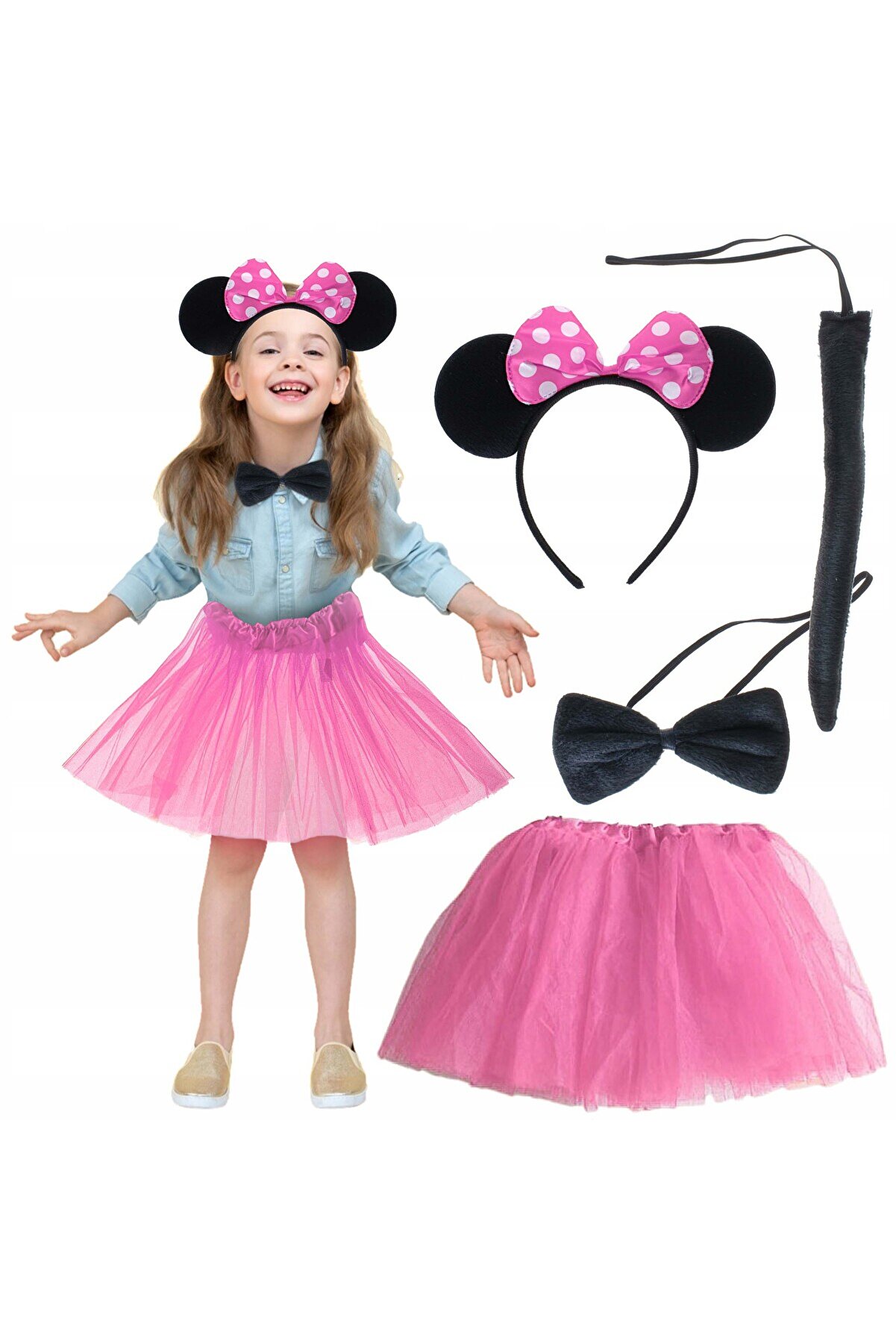 Go İthalat Mi̇nni̇e Kost&uuml;m Seti̇ (Pembe T&uuml;t&uuml; Etek + Pembe Ta&ccedil; + Papyon + Kuyruk) (5258)