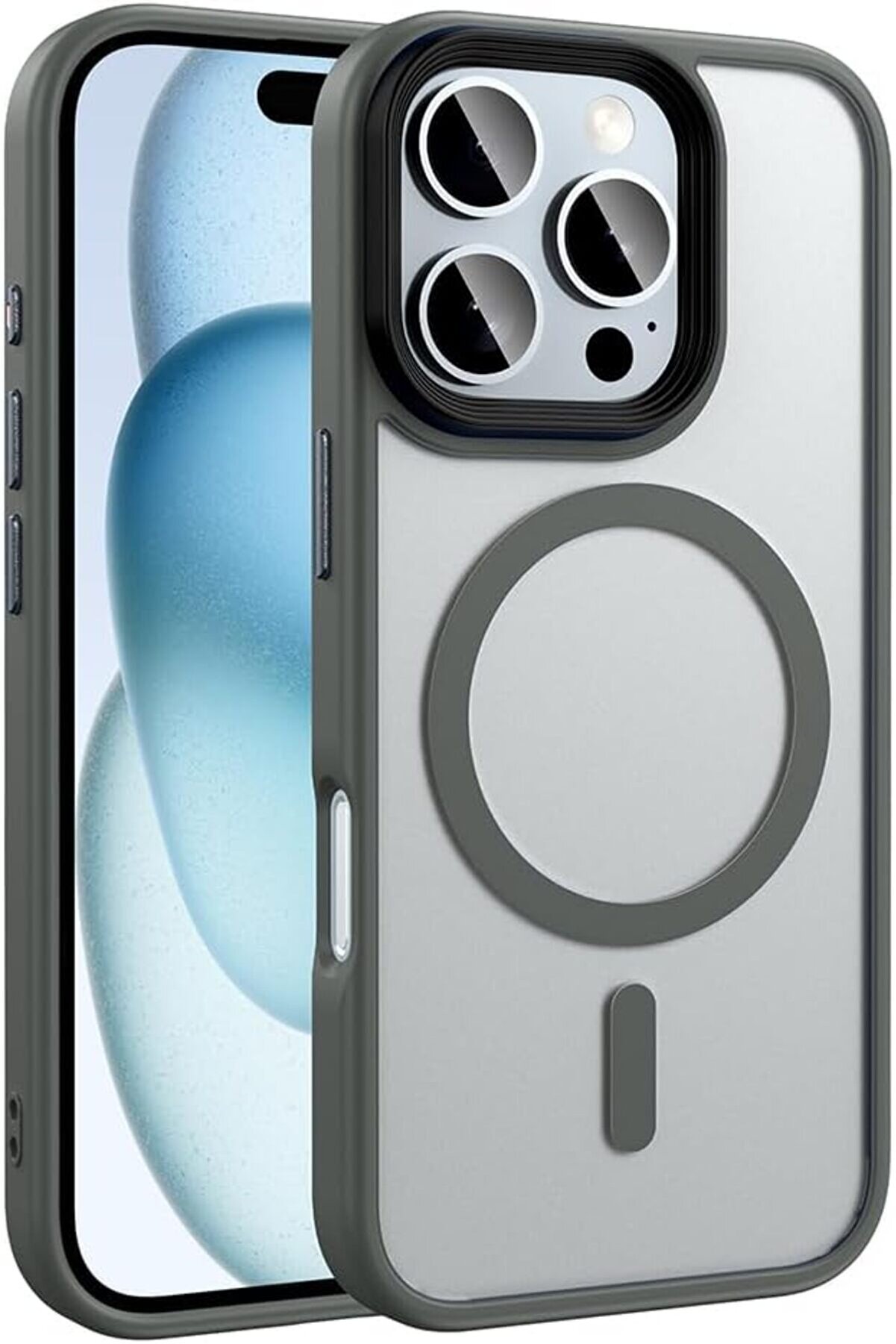 STOREMAX ile uyumlu 16 Pro Kılıf Mat Arka Y&uuml;zey Şarj &Ouml;zellikli Flet M-safe Kapak Titanyum-Gri