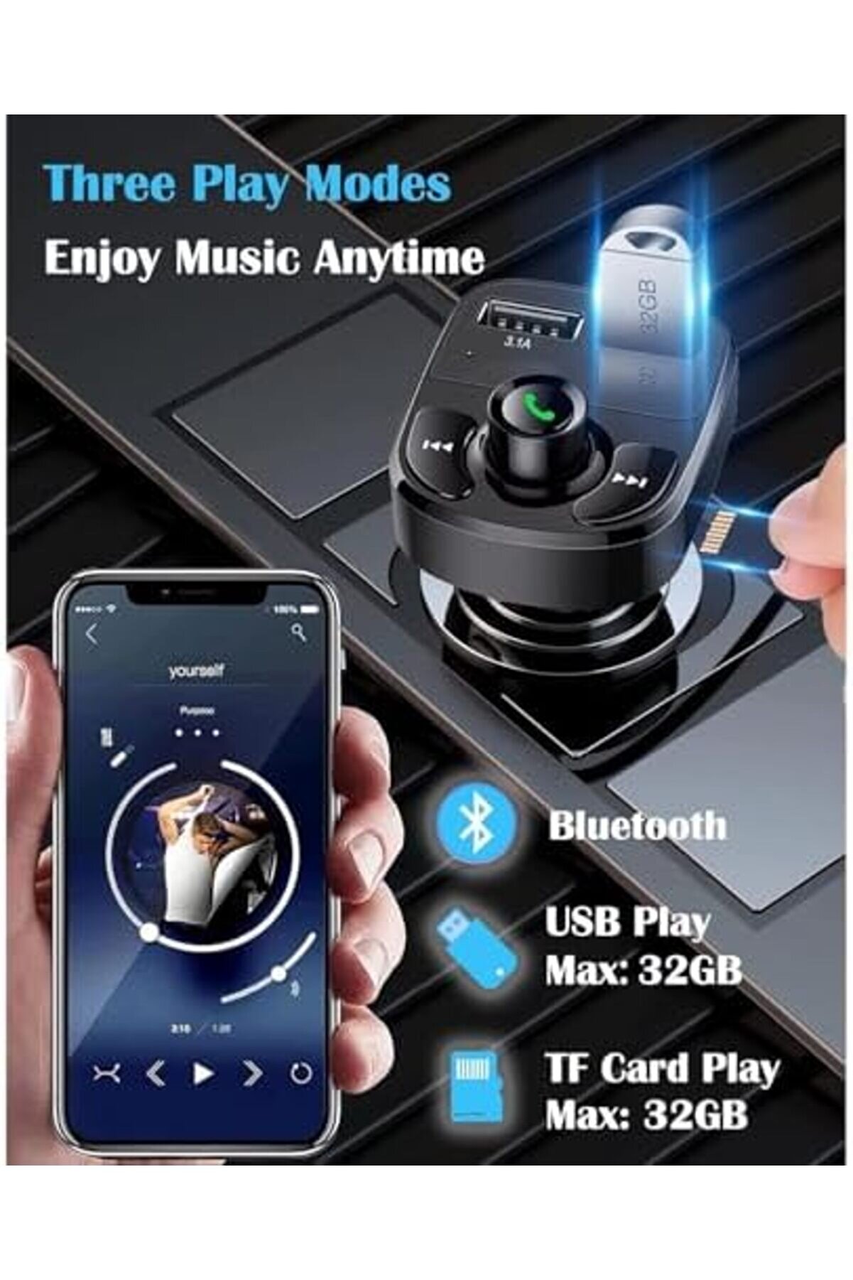 Tknszrshop Otomati̇k Frekans Tanımalı Parazi̇t Yok Fm Radyo Transmi̇tter 3.1A Hızlı Şarj Mi̇cro Sd