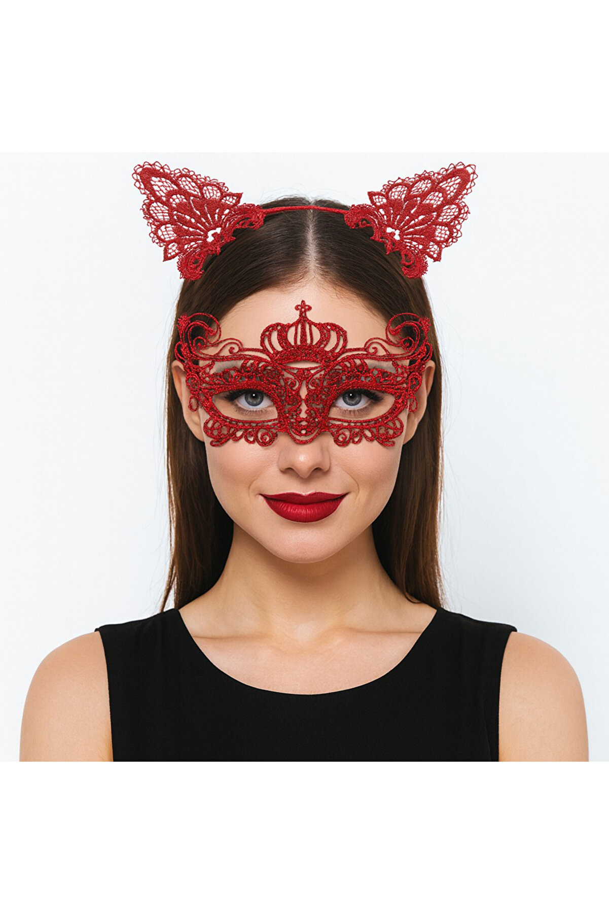 Go İthalat L&uuml;ks Kırmızı Dantel Ta&ccedil;lı Maske Seti̇ 2 No - Parti̇, Balo, Kost&uuml;m Aksesuarı (5258)