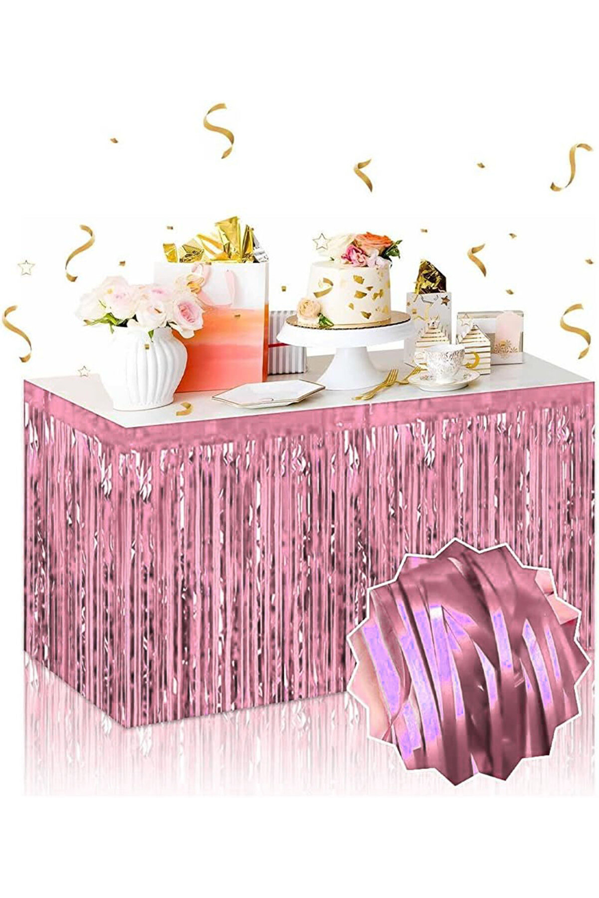 Go İthalat Kendi̇nden Yapışkanlı Rose Gold Metali̇ze P&uuml;sk&uuml;ll&uuml; Masa Eteği̇ - 75 X 275 Cm Parti̇ S&uuml;slemesi̇ (5258)