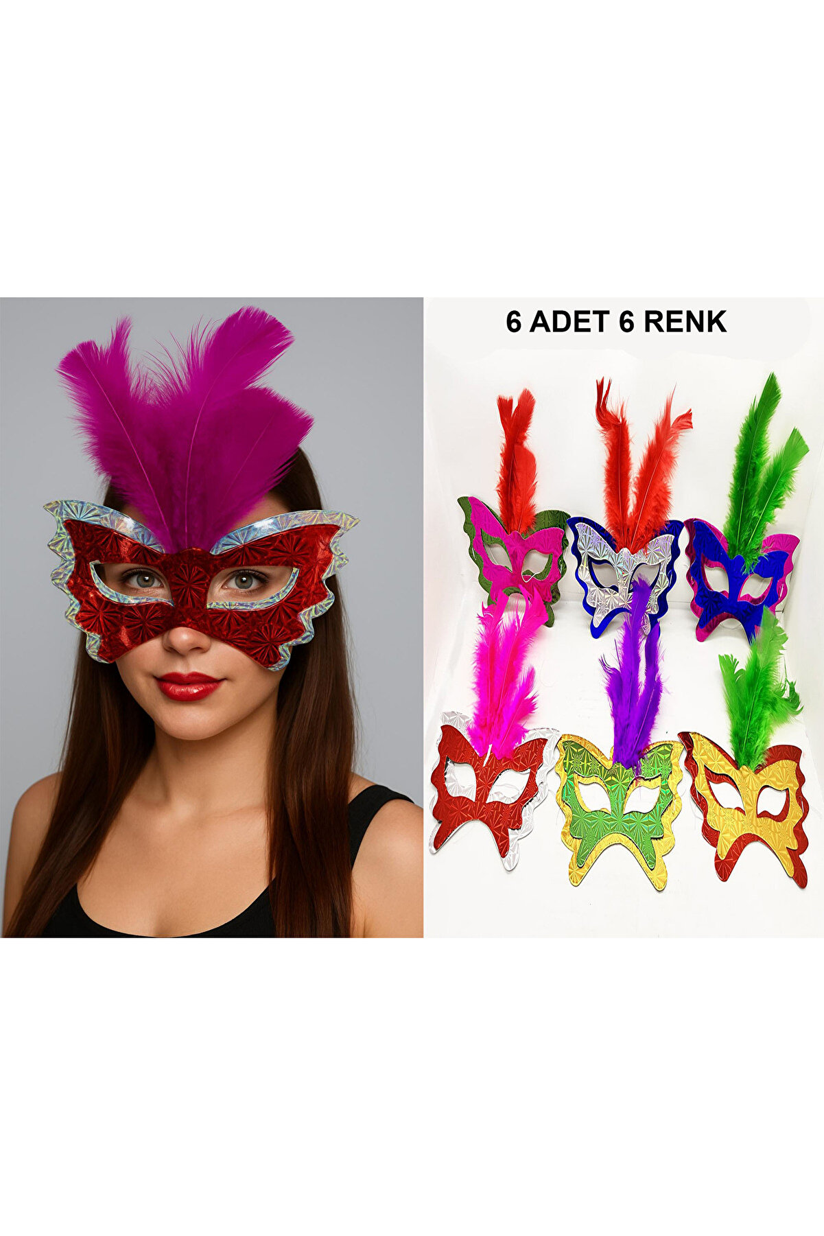 Go İthalat Renkli̇ Parti̇ Maskesi̇ 6 Lı | T&uuml;yl&uuml; Karton Maske Seti̇ (Lasti̇kli̇) (5258)