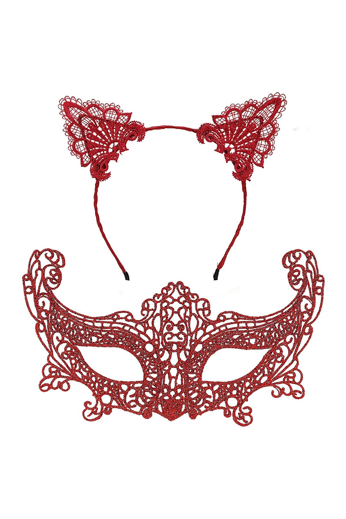 Go İthalat Romanti̇k Kırmızı Dantel Maske Seti̇ - Kedi̇ Kulaklı Ta&ccedil; Ve Maske 3 No (5258)