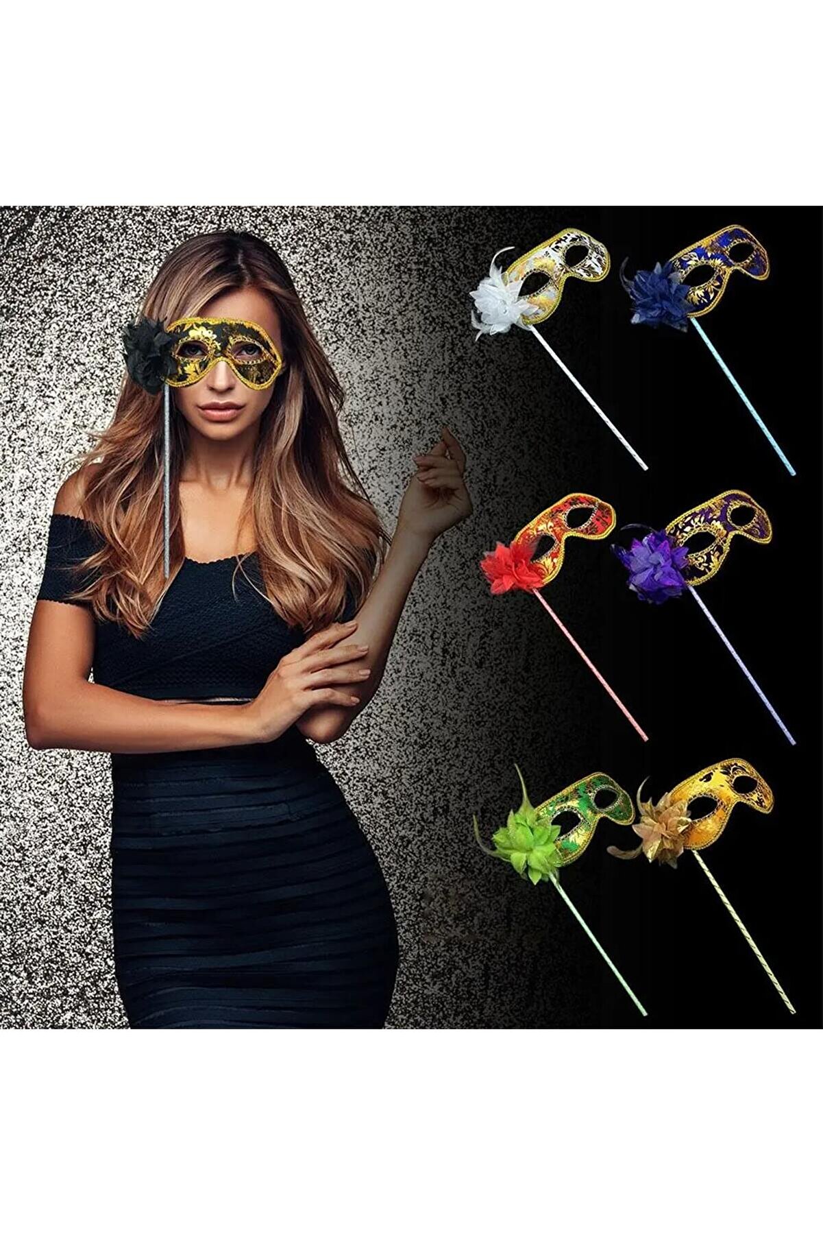 Go İthalat L&uuml;ks Taşlı Saplı Maskeli̇ Balo Maskesi̇ Beyaz Renk 35 Cm (5258)