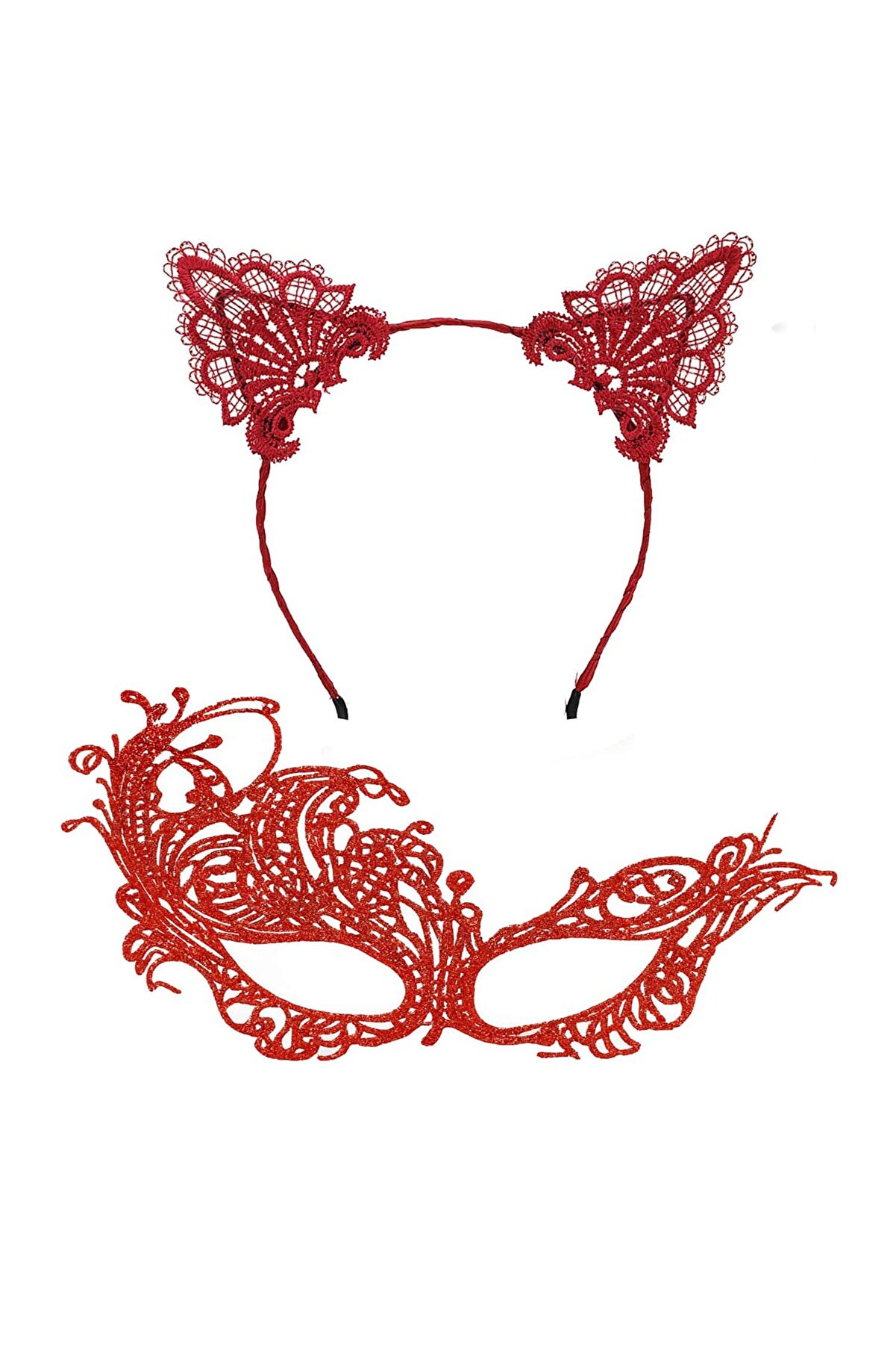 Go İthalat Gi̇zemli̇ Kırmızı Dantel Maske Ve Ta&ccedil; Seti̇ 1 No - Kost&uuml;m Seti̇ (5258)