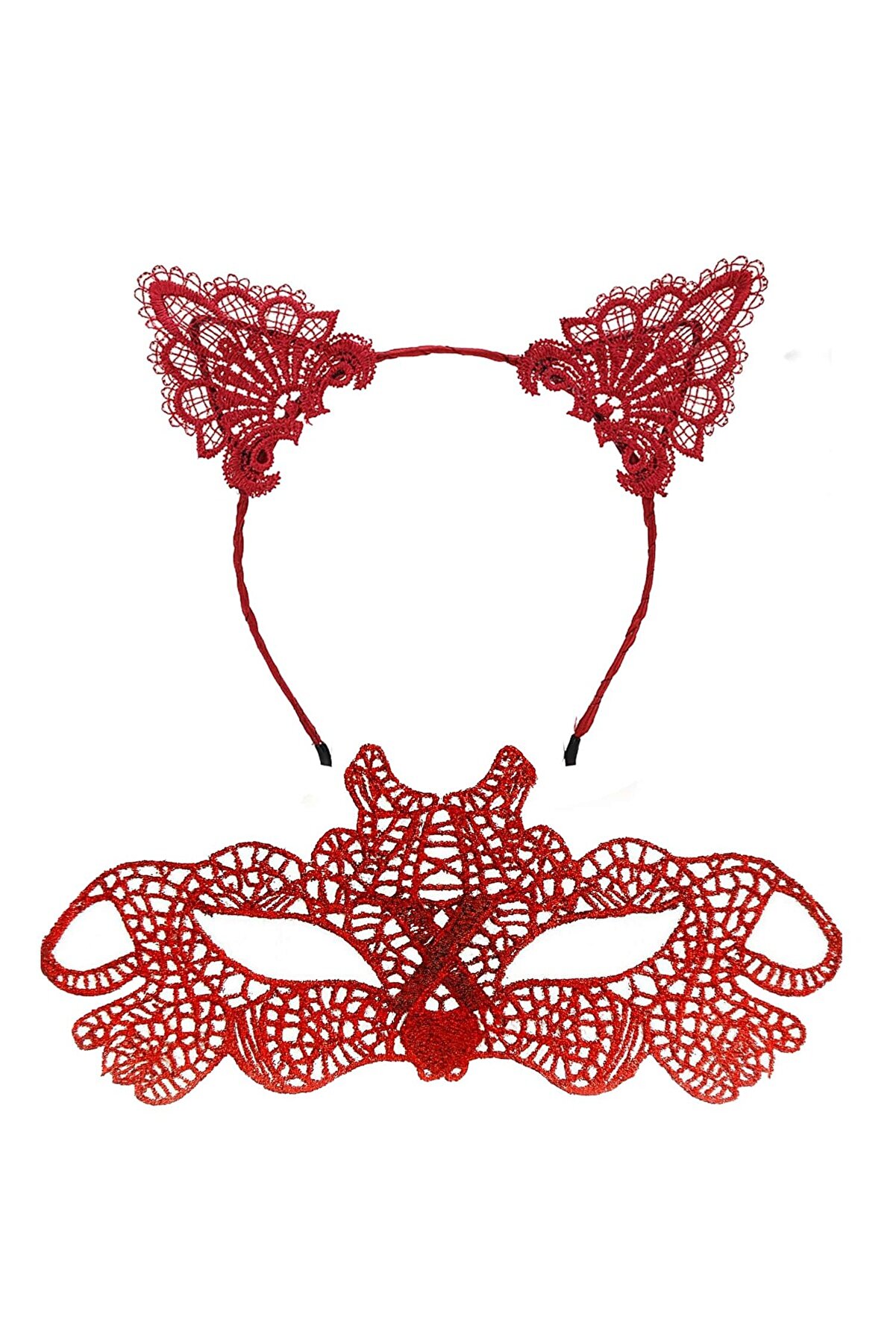 Go İthalat Ateş Kırmızısı Dantel Ta&ccedil; Ve Maske Seti̇ 10 No - Maskeli̇ Balo & &Ouml;zel G&uuml;n Seti̇ (5258)