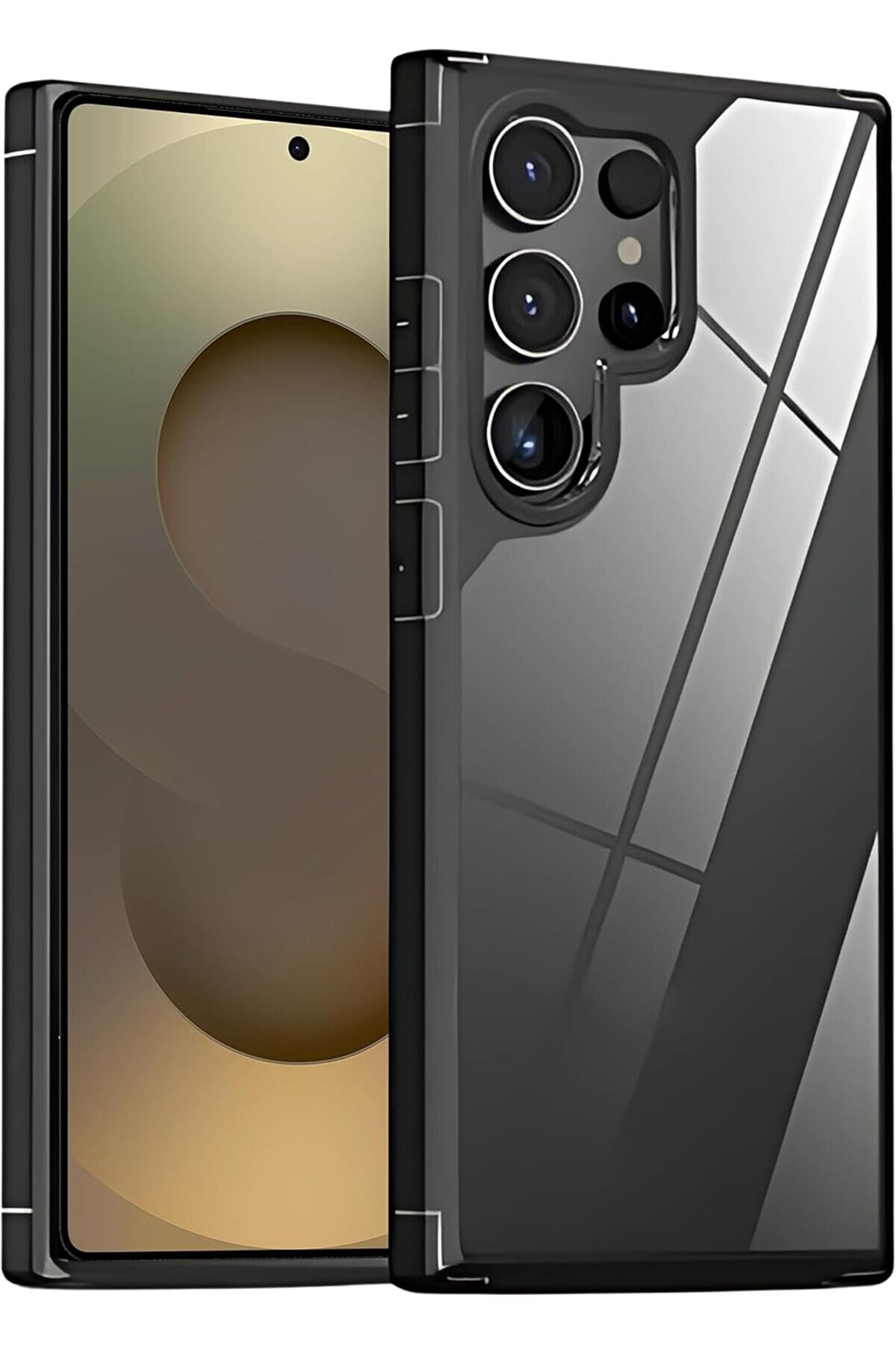 STOREMAX S25 Ultra için Şok Emici Silikon Kenarlı Şeffaf Kılıf Arkası Sararmaya Karşı Sert PC Yapıl