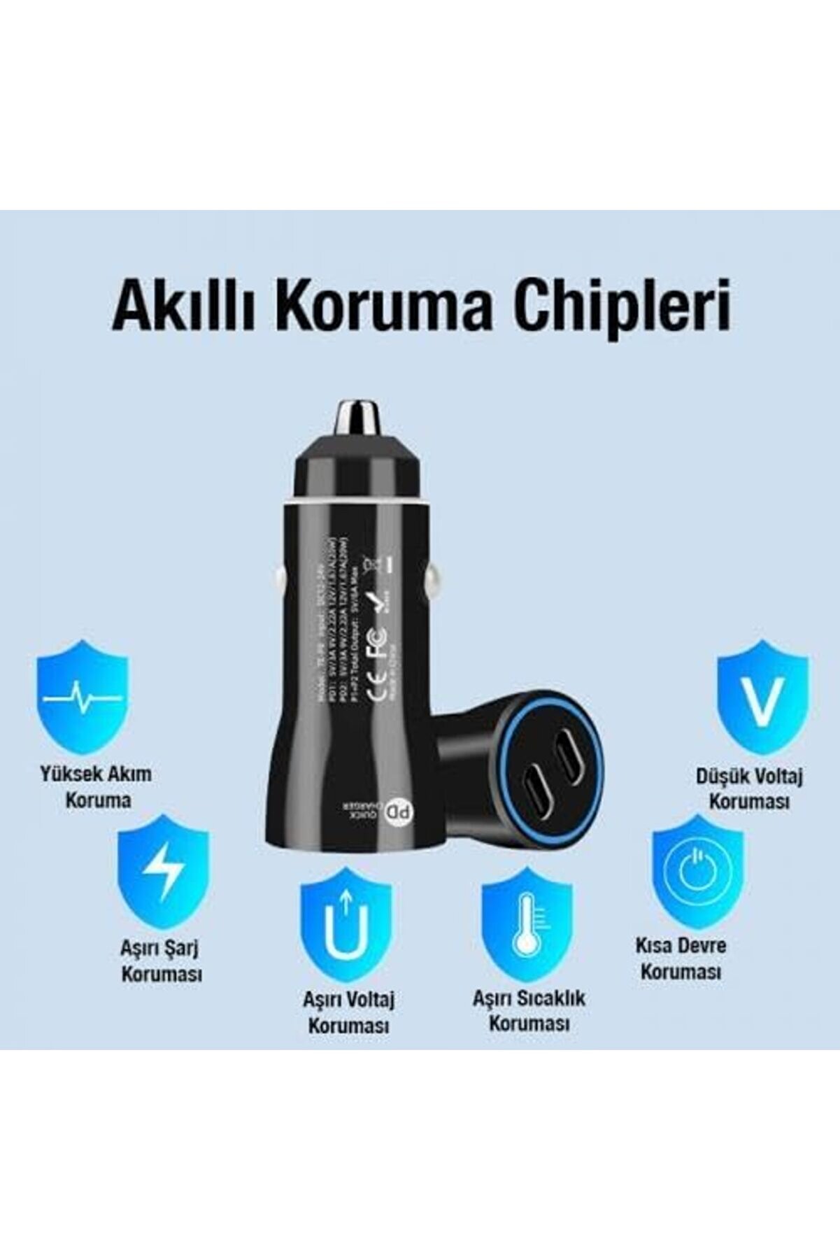 Polysi̇ght 60W Turbo Araç Şarjı 2 Type-C Gi̇ri̇şli̇ Şarj Akım Korumalı Araç Çakmaklık Şarjı 12V-24V Araç