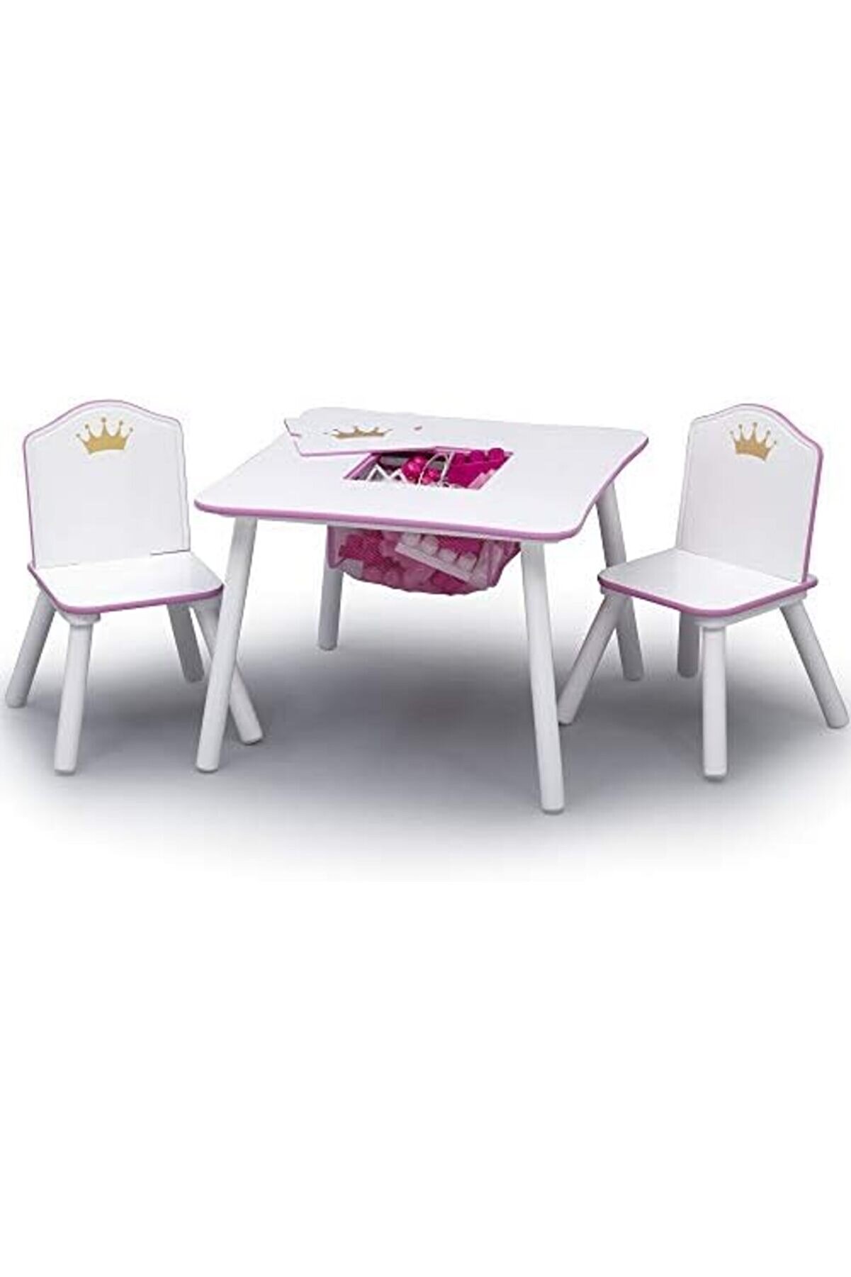 Aclyashop Chi̇ldren Prenses Taç Çocuk Ahşap Masa Ve Saklamalı Takımı - Serti̇fi̇kalı, Beyaz/Pembe 1058
