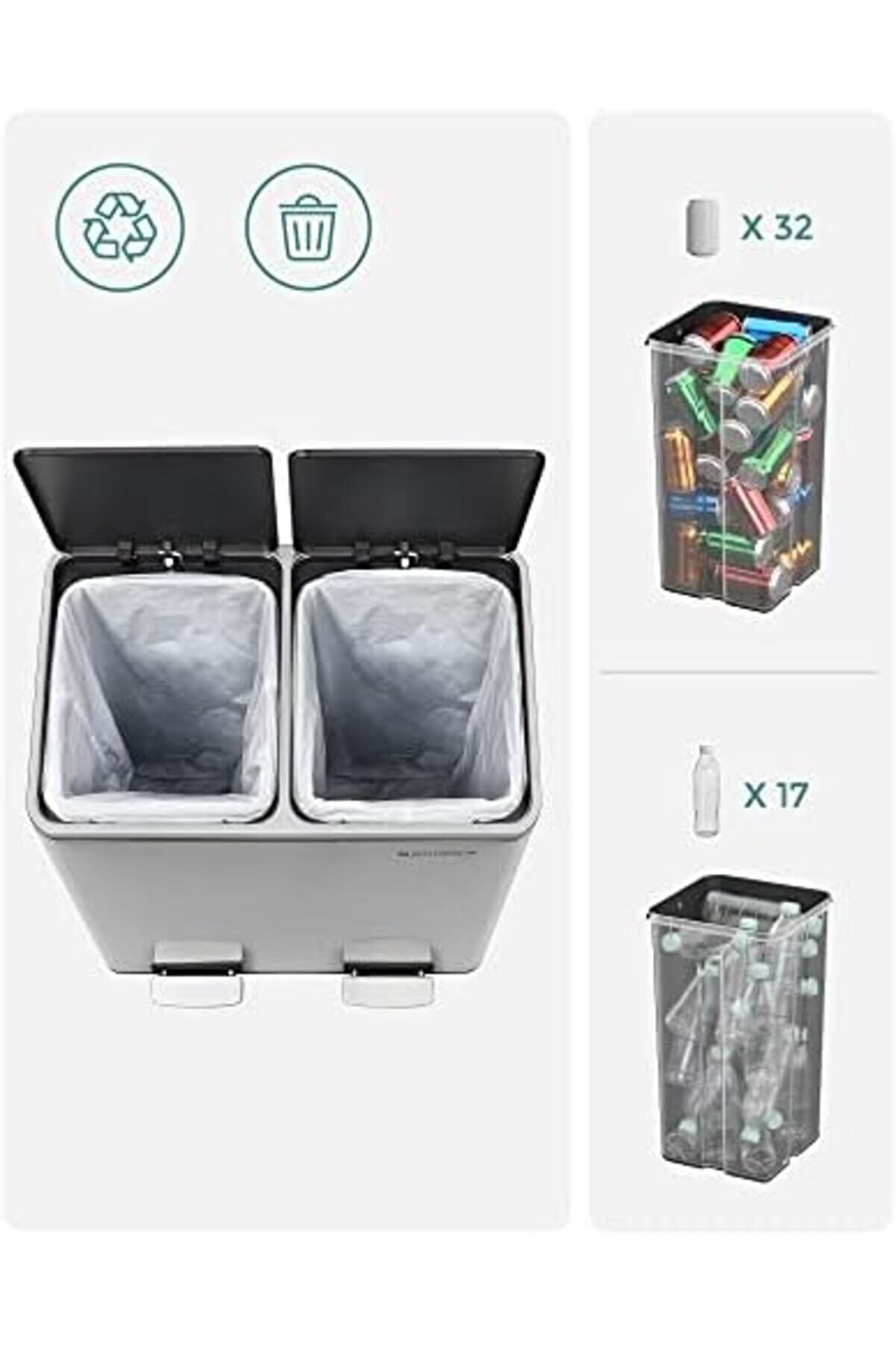 Sellbuyst 2 Bölmeli̇ Atık Ayırma Si̇stemli̇ Pedallı Çöp Kovası, Atık Kovası, Mutfak İçi̇n, 2