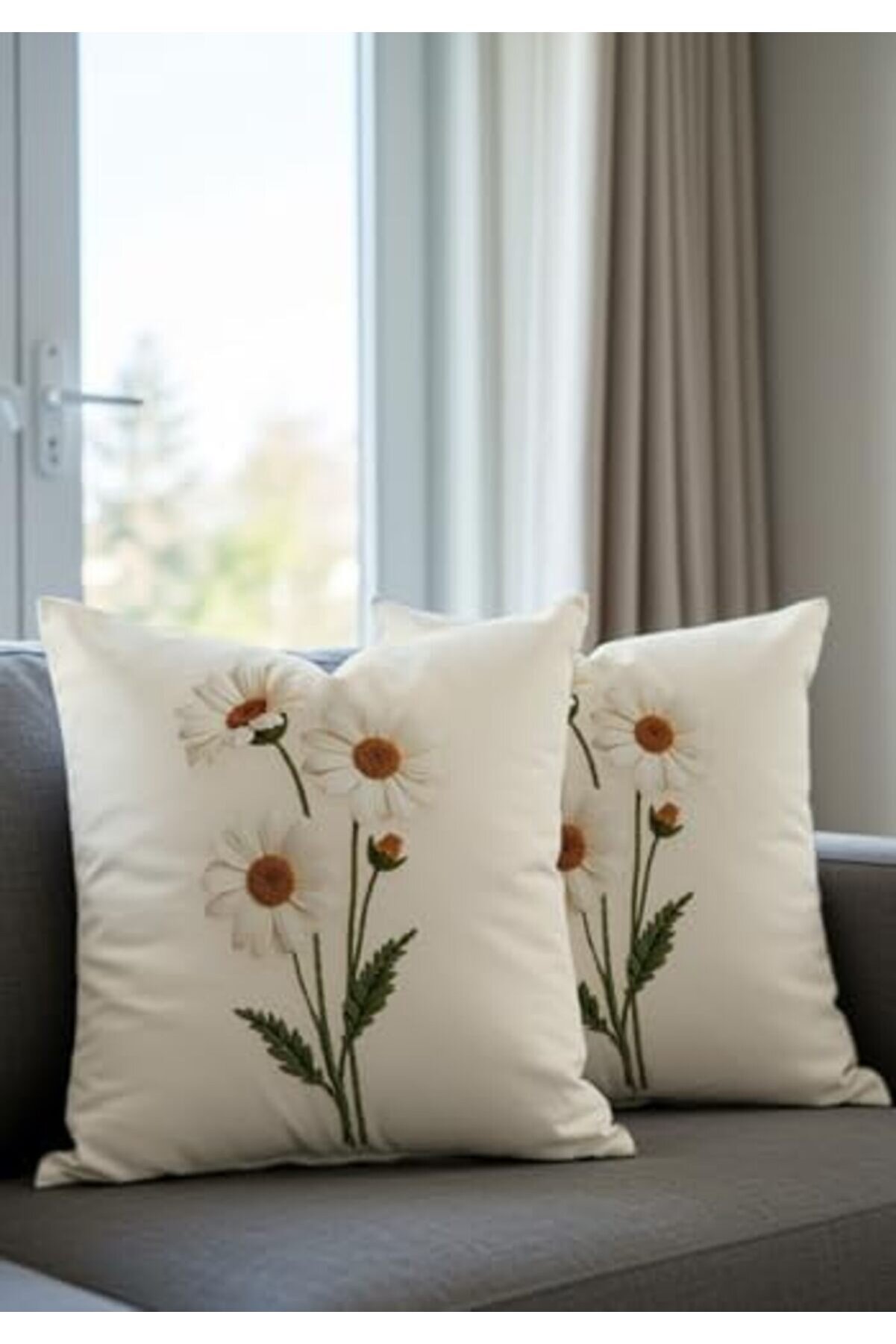 Lvnshop Nakış Desen Baskılı Dekorati̇f Desenli̇ Kadi̇fe Kırlent Kılıfı, 2 Li̇ Set, Krem Zemi̇n, Baskılı