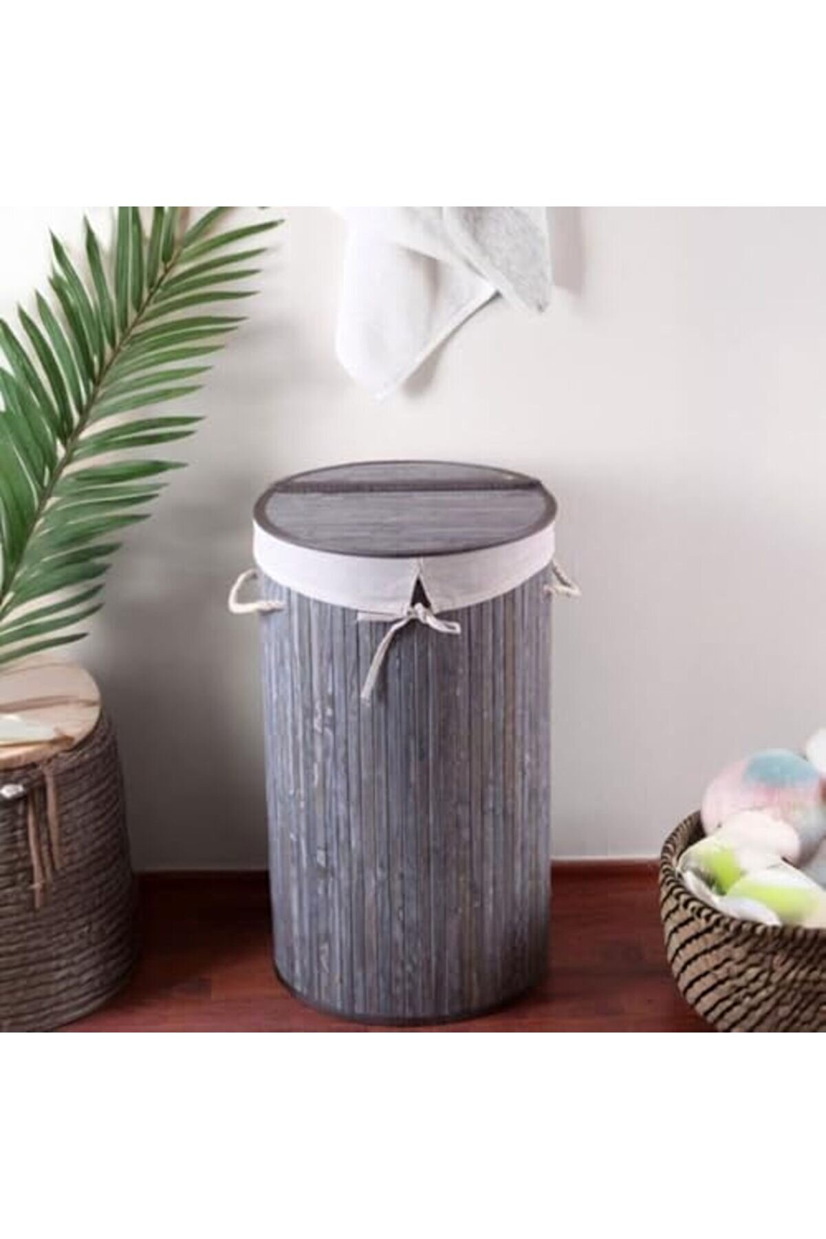 Lvnshop El Yapımı Hasır Katlanır Çamaşır Sepeti̇ Yuvarlak 55 Li̇tre (35Cm*35Cm*61Cm), Malzemeden Üreti̇