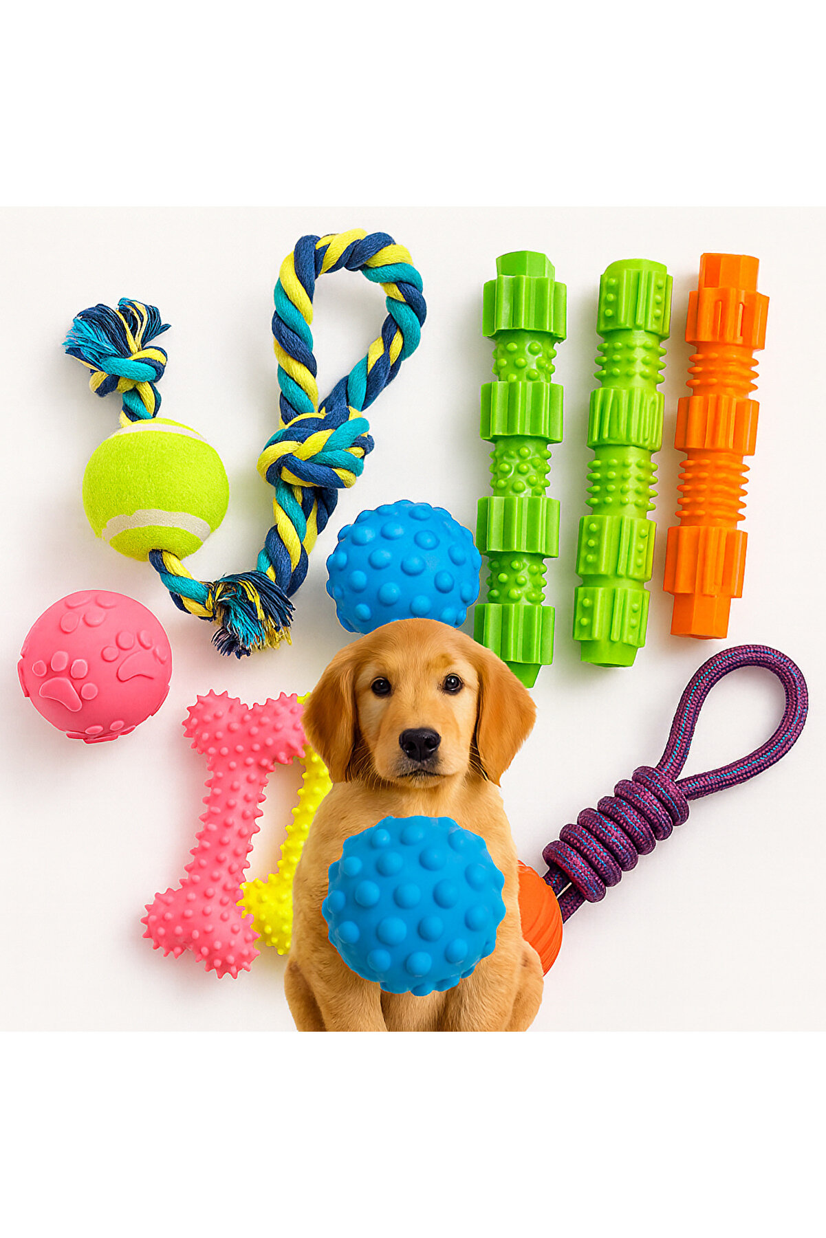 TRENDMEN Köpek Oyuncak Seti – Halat, Çiğneme Kemik, Top ve Diş Temizleyici Çubuk (6’lı Paket)