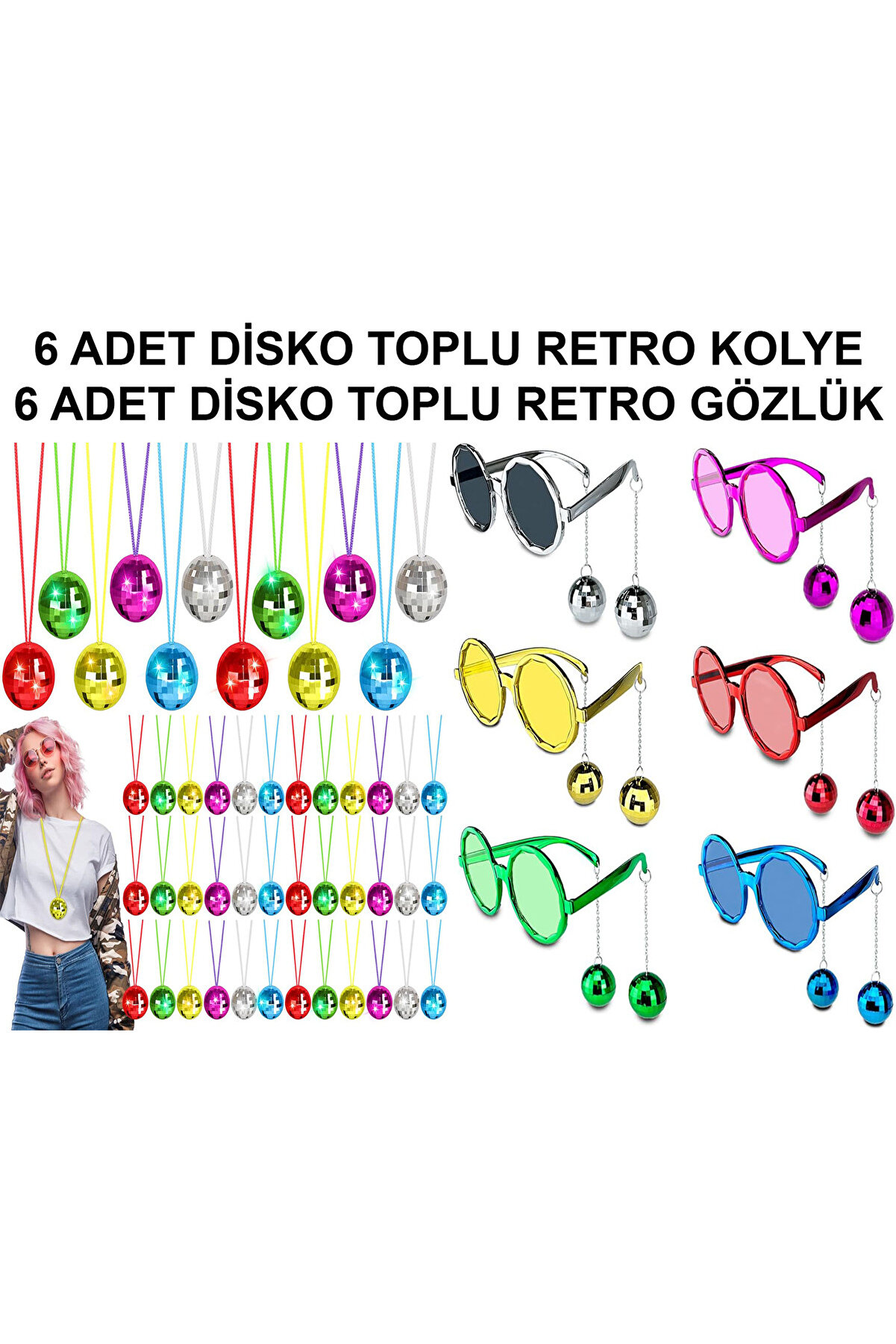 Ethab Ti̇caret 12 Par&ccedil;a Renkli̇ Di̇sko Toplu Retro Parti̇ Seti̇ &ndash; 6 Kolye + 6 G&ouml;zl&uuml;k