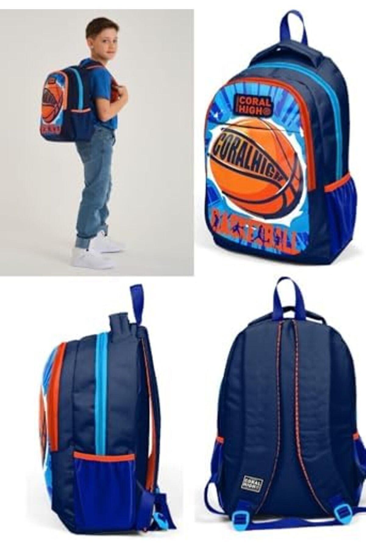 Snshop Hi̇gh Laci̇vert Basketbol Desenli̇ İlkokul Ve Ortaokul Sırt &Ccedil;antası &Uuml;&ccedil; B&ouml;lmeli̇ Erkek &Ccedil;oc