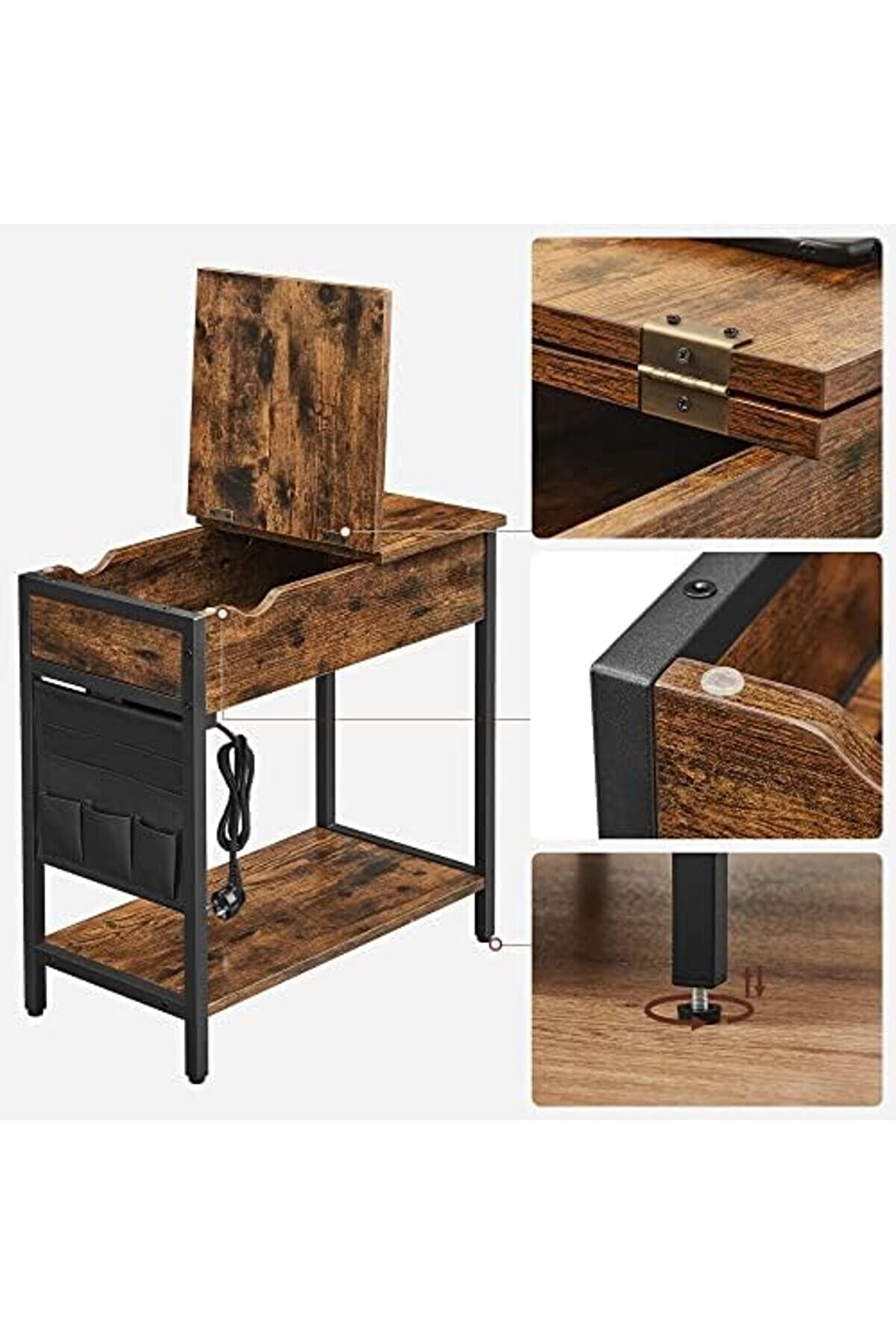 Elektri̇kli̇ Sehpa, Yan Masa, Katlanır Masa, Başucu Masası, Elektri̇k Soketli̇, Kumaş Eşya Torbalı,, - S