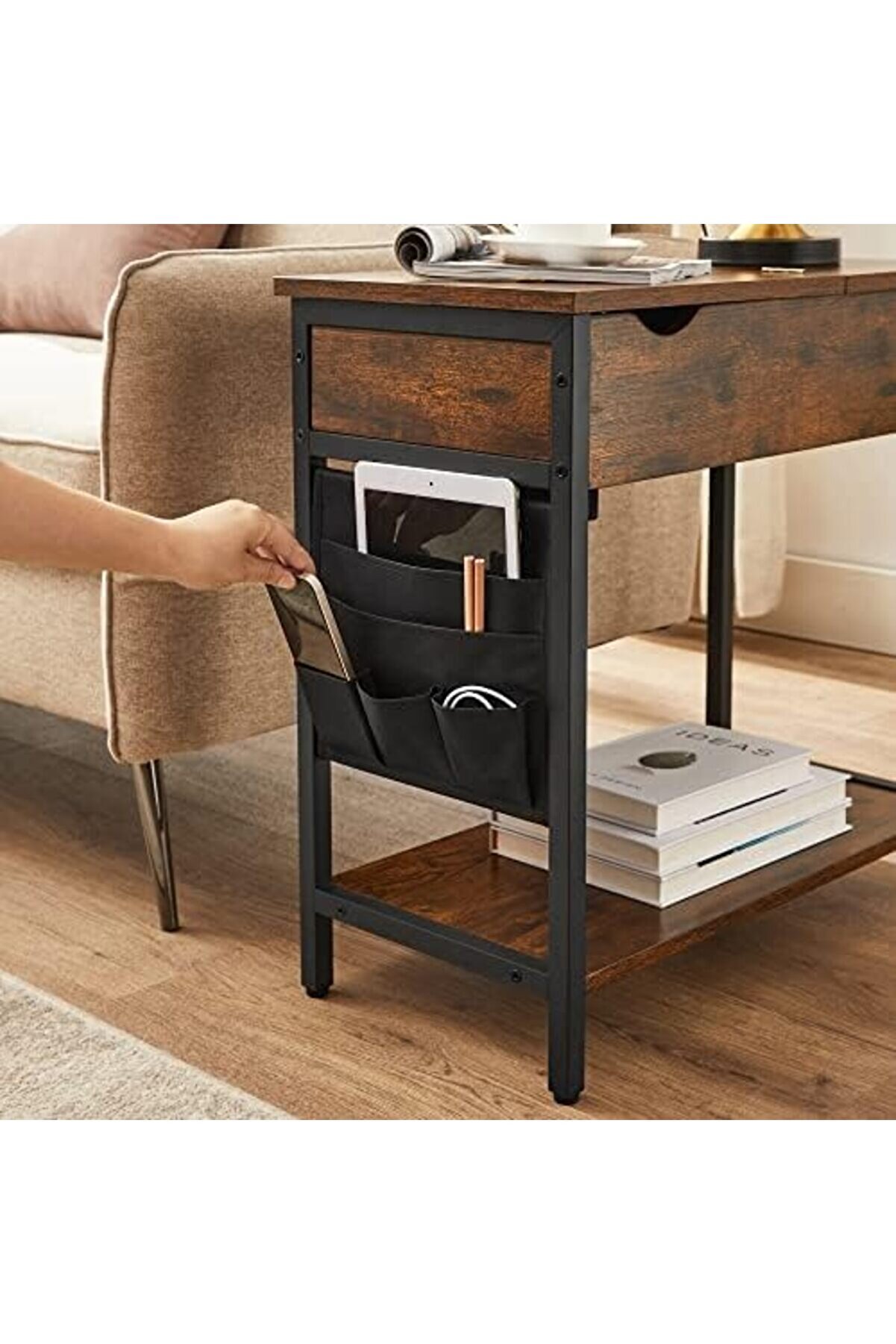 Elektri̇kli̇ Sehpa, Yan Masa, Katlanır Masa, Başucu Masası, Elektri̇k Soketli̇, Kumaş Eşya Torbalı,, - S