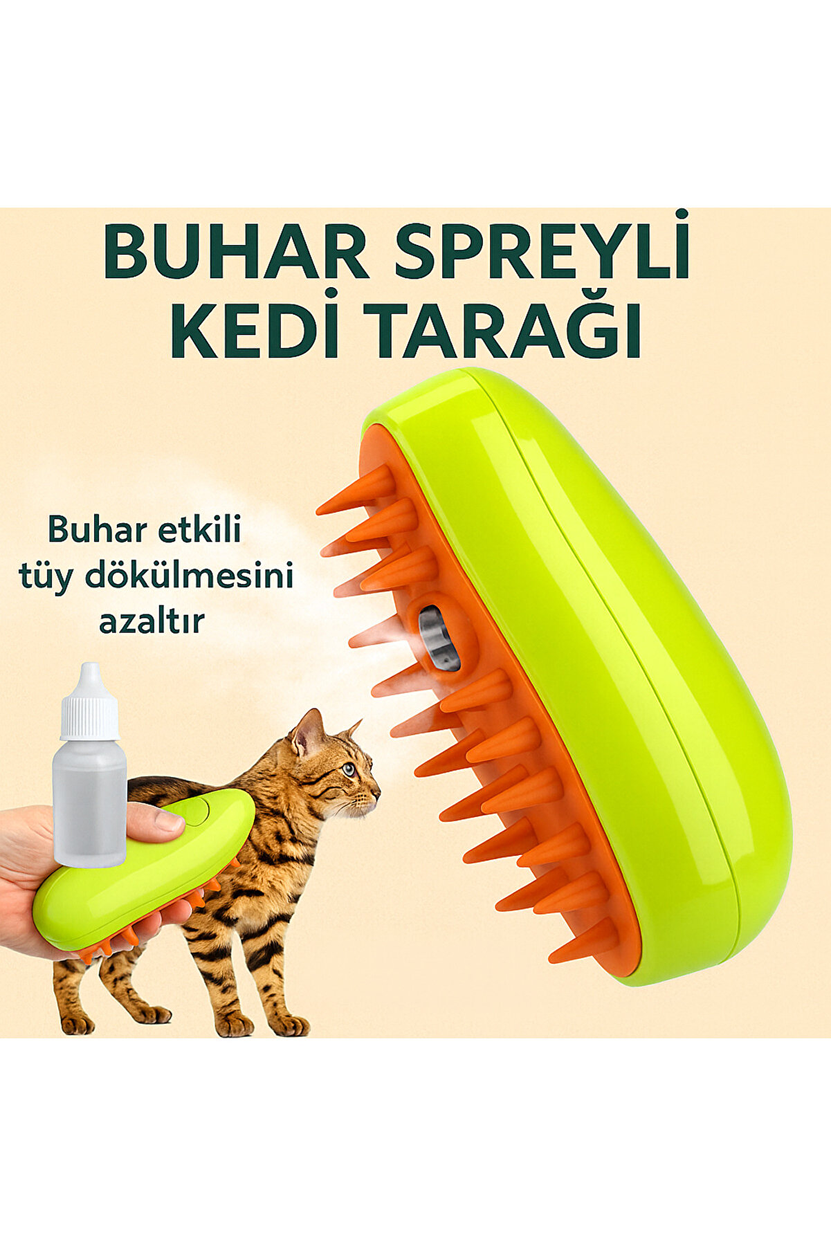 TRENDMEN Buharlı Kedi Tarağı – Tüy Toplama & Masaj Etkili Kedi Fırçası + Su Spreyi Hediyeli