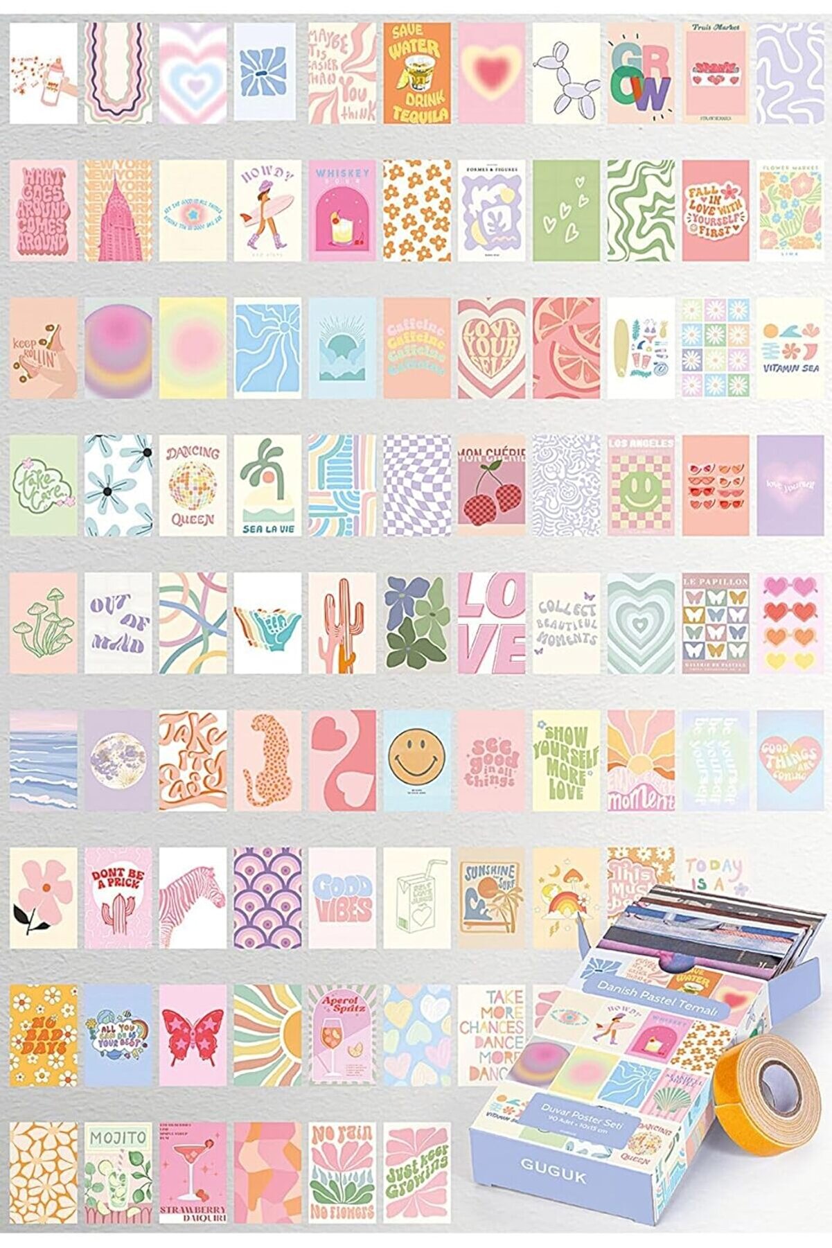 STOREMAX oskyshopc Danish Pastel Temalı 90 Adet Duvar Poster Seti, Özel Tasarım Kutulu, Oda Dekoru (GGK-K014)