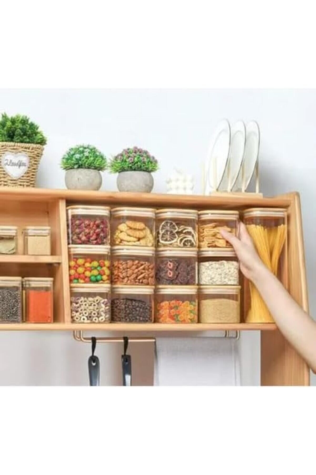 Bambu Kapaklı 380Ml Cam Baharat Kavanozları, Hava Geçi̇rmez Kare Borosi̇li̇kat Baharat Kapları, Bah