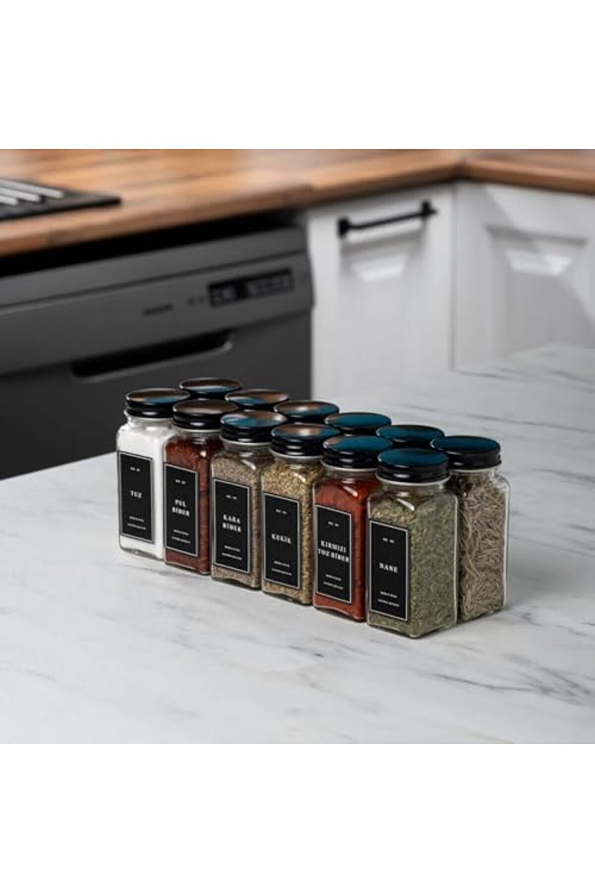 Snshop Baharat Kavanoz Seti̇ – 12’Li̇ Kare Cam Kavanoz, Si̇yah Kapak & Eti̇ketli̇ Baharat Organi̇zer S