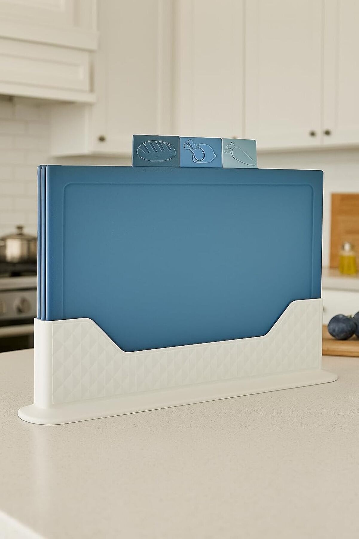 STOREMAX snShop 4 Parça Plastik Kesme Tahtası Seti + Stand – Renkli, Hijyenik, Kaymaz 3 Adet Gıda Hazır