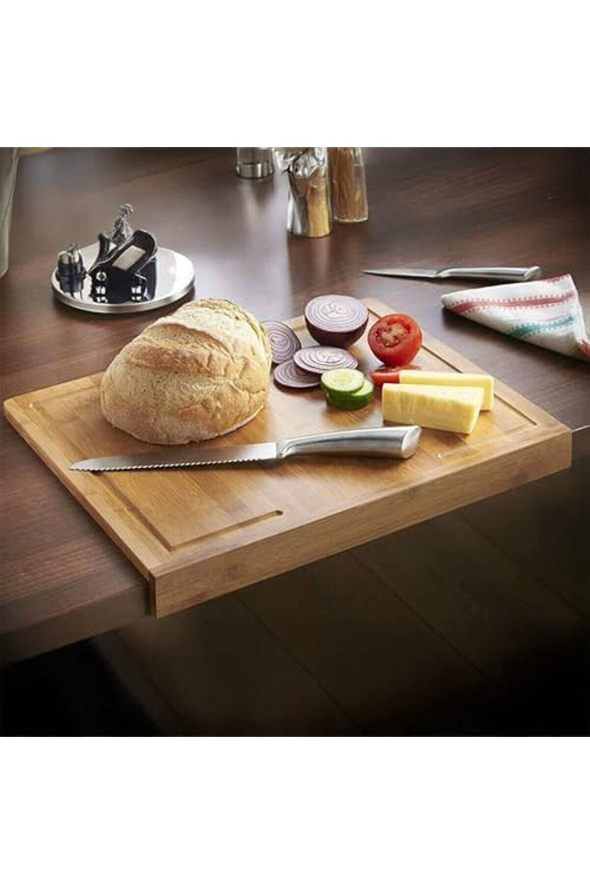 Lvnshop Tezgah Üstü Bambu Kesme Tahtası, Kaymaz Ekmek Tahtası, Kenarlı Kesme Tepsi̇si̇ Büyük Boy (45Cm