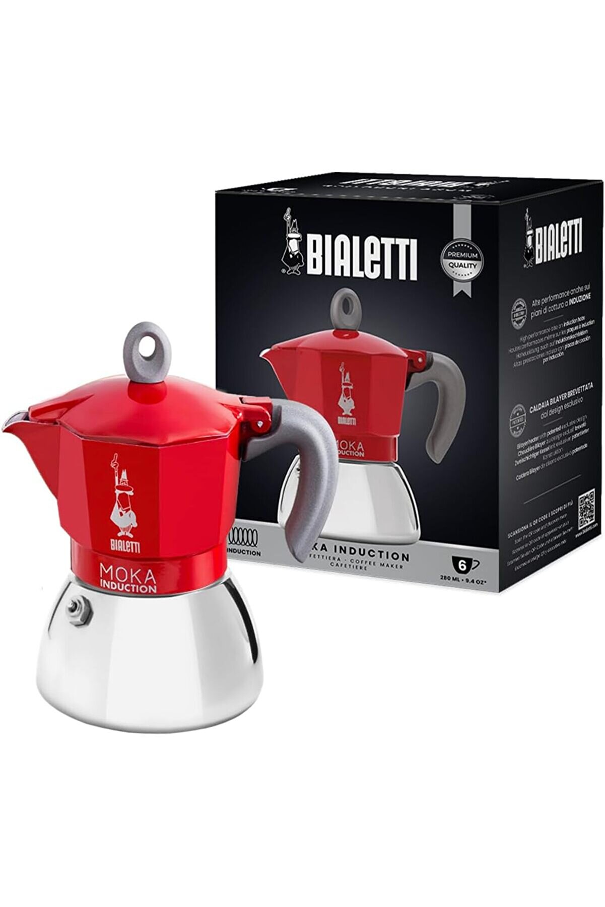 STOREMAX - Moka İndüksiyon Kırmızı: 6 Cups Ocak Üstü Espresso Pişirici - 280ml - Alt Hazne: Dış Pas