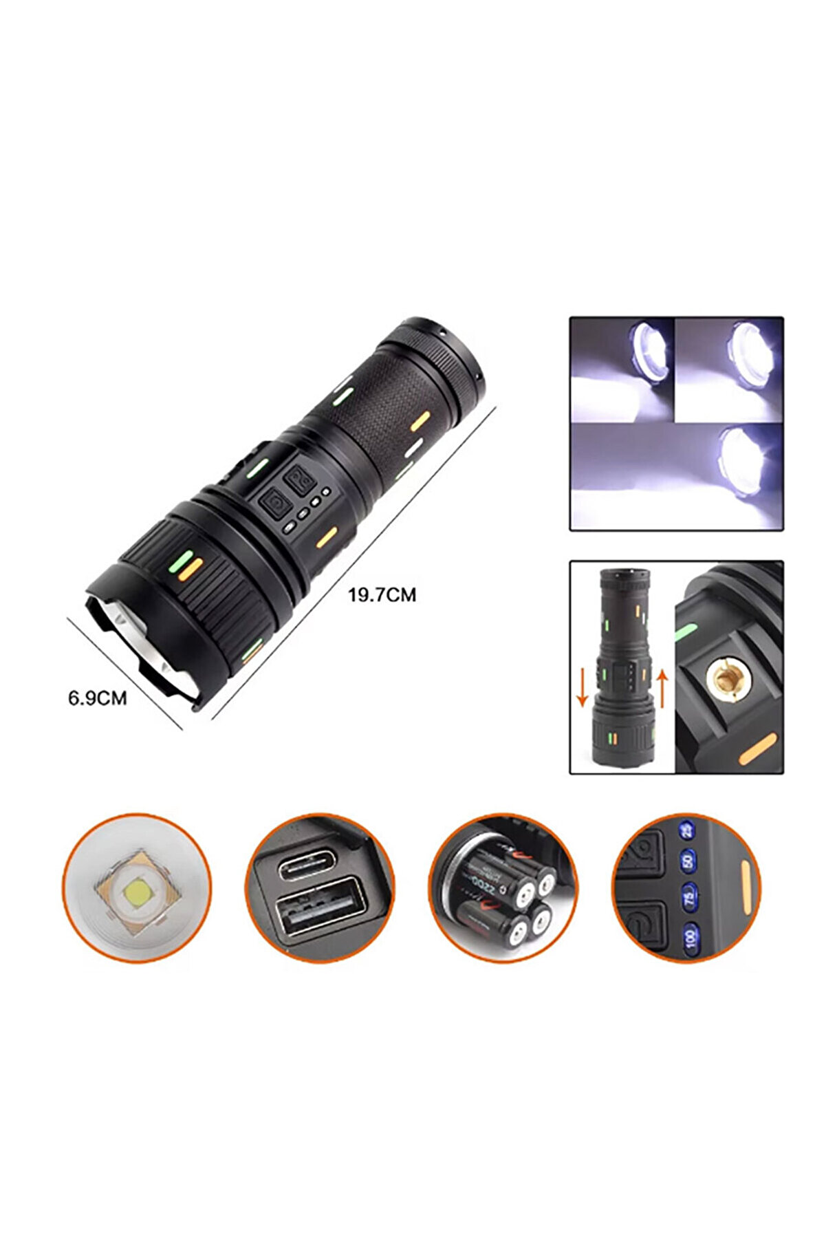 Pro F-3001 Alümi̇nyum Tg Led Güç Göstergeli̇ Type-C Şarjlı El Feneri̇ 100 W