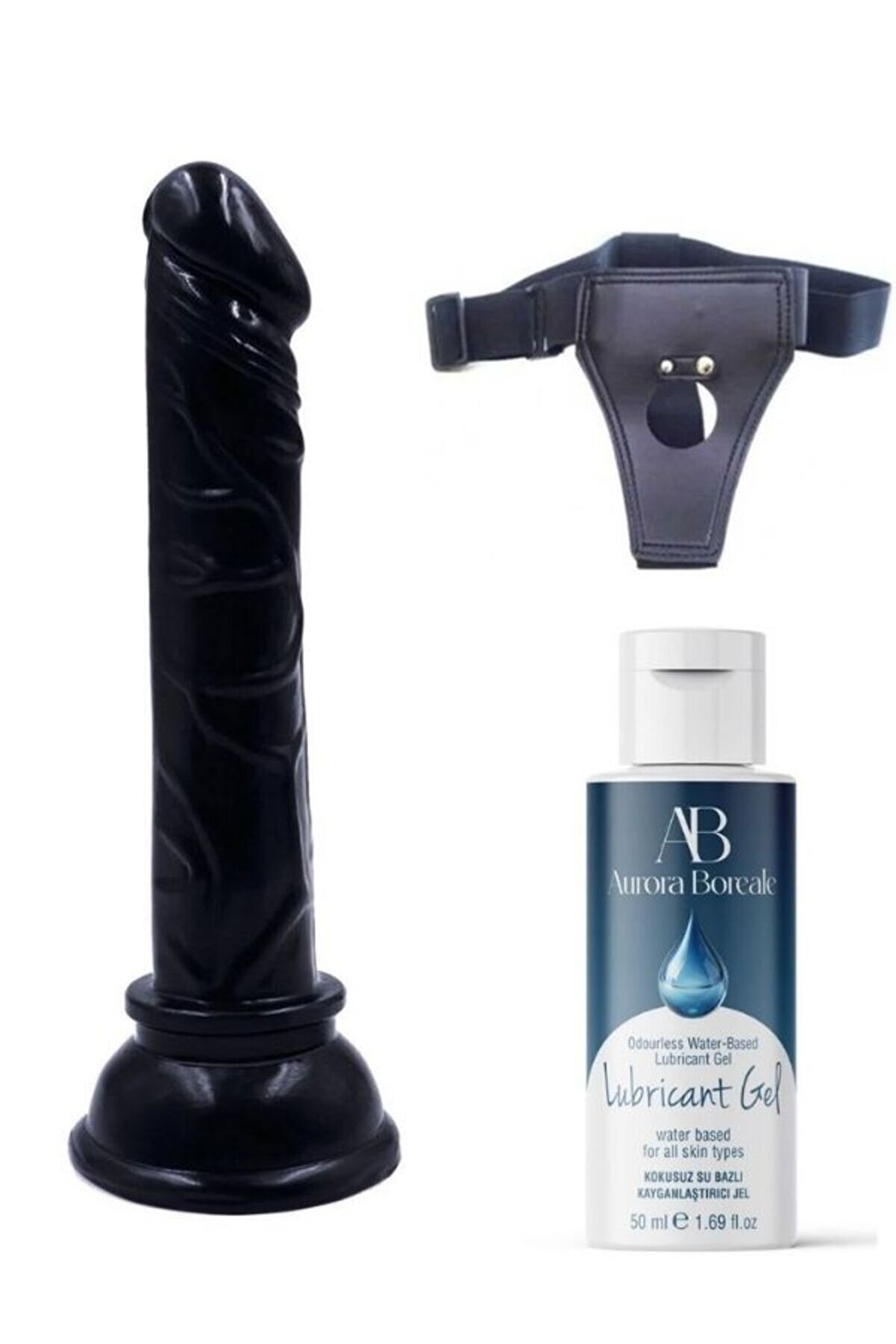 Censan Belden Bağlamalı Kayganlaştırıcı Set Siyah Renk Ger&ccedil;ek&ccedil;i 15CM Anal Dildo