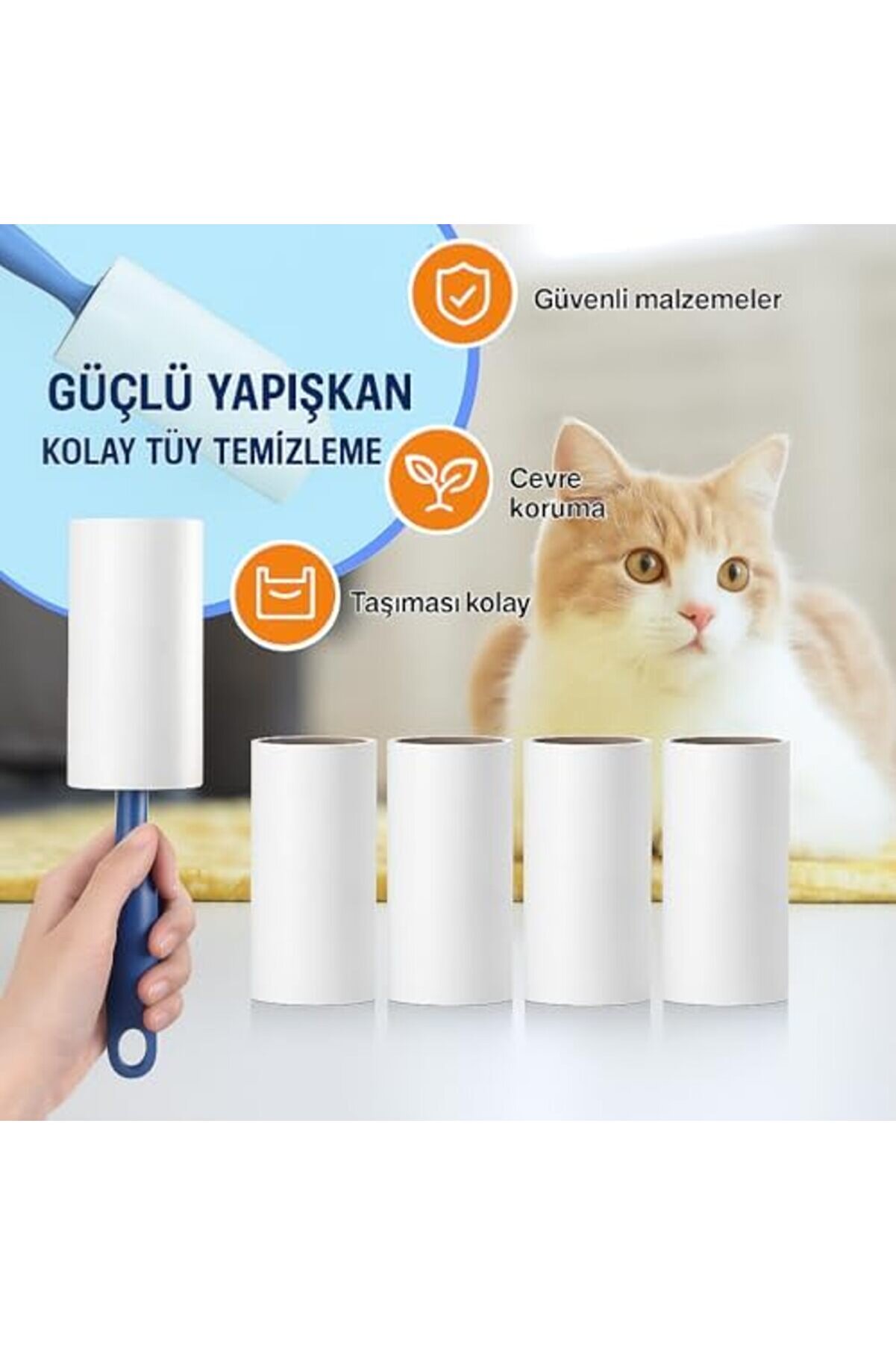 Lvnshop Tüy Toplayıcı Set – 1 Sap + 6 Rulo – Toplam 360 Yaprak – Kedi̇ Köpek Tüyü Ve Toz Temi̇zleyi̇ci̇