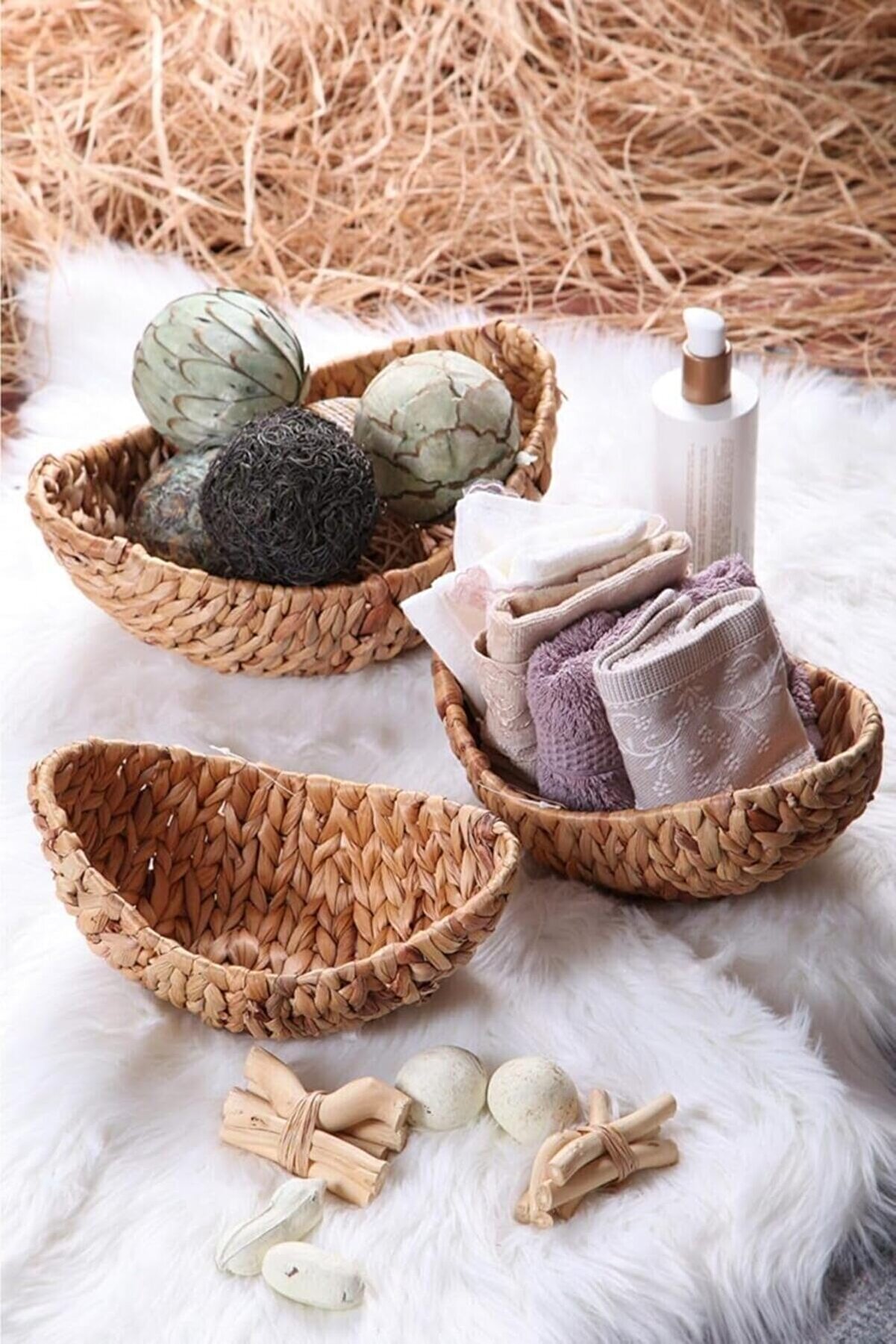 STOREMAX lvnshop El Yapımı Su Sümbülü Hasır 3 Parça Kayık Ekmek Sepeti - Çok Amaçlı Hasır Kayık Sepet Seti 2