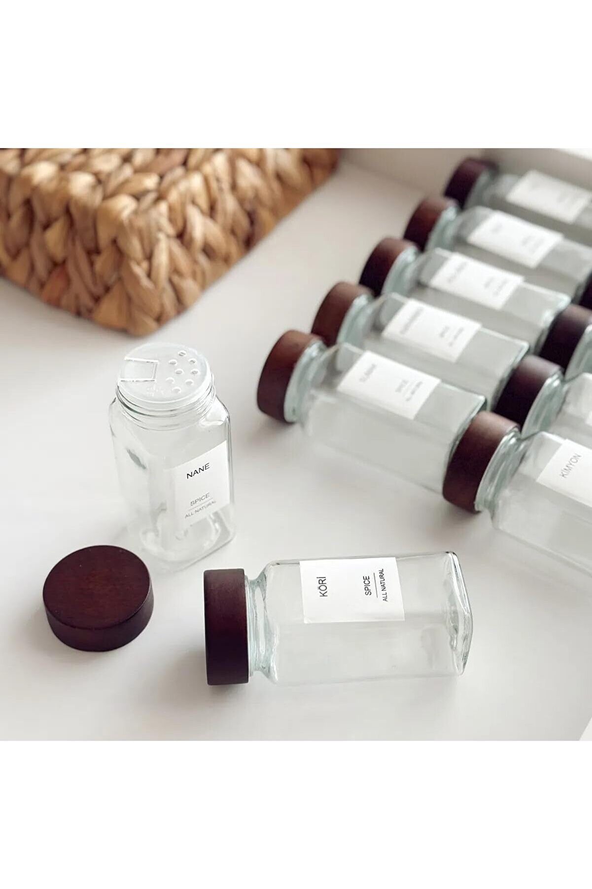 STOREMAX ynsShoping Premium Cam Kavanoz Seti – Akasya Ağacı Kapaklı, Minimal Etiketli (%100, 12'li Set) NewTr