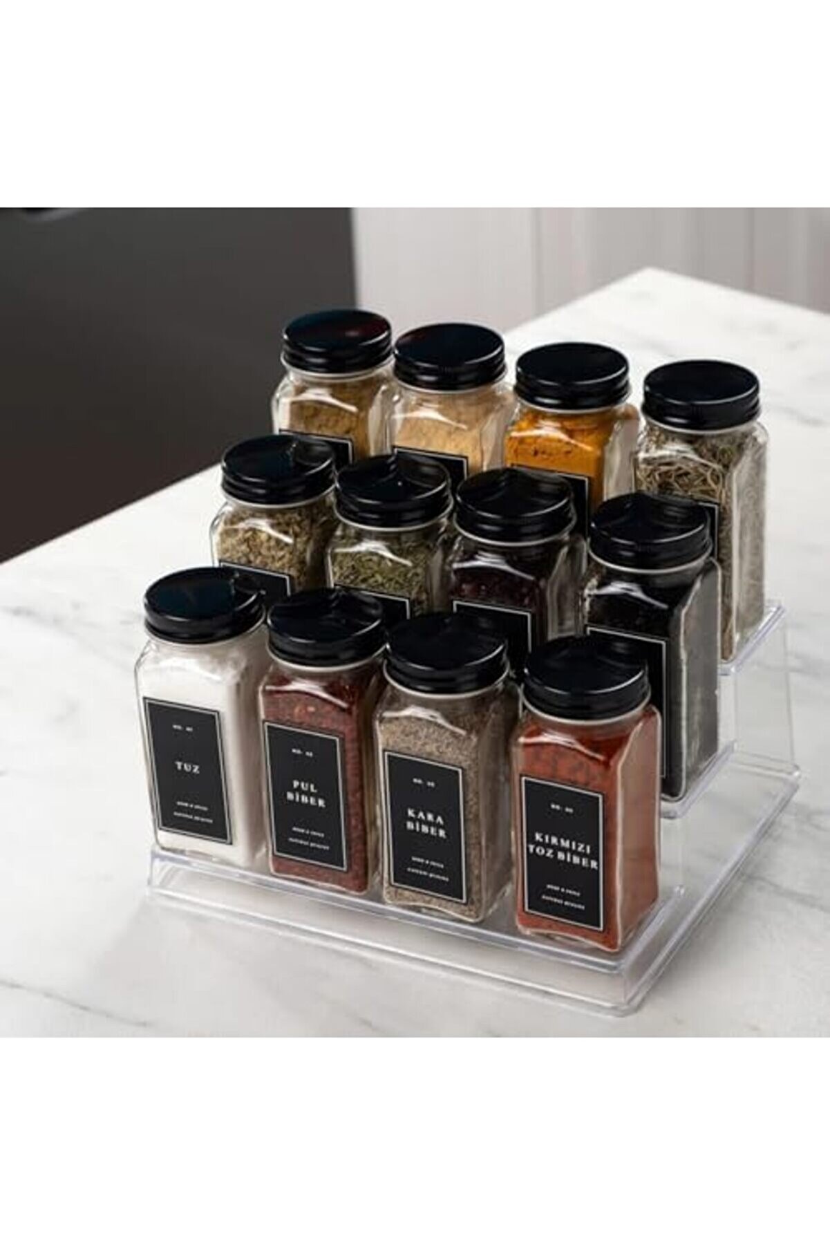 Snshop Baharat Kavanoz Seti̇ – 12’Li̇ Kare Cam Kavanoz, Si̇yah Kapak & Eti̇ketli̇ Baharat Organi̇zer S