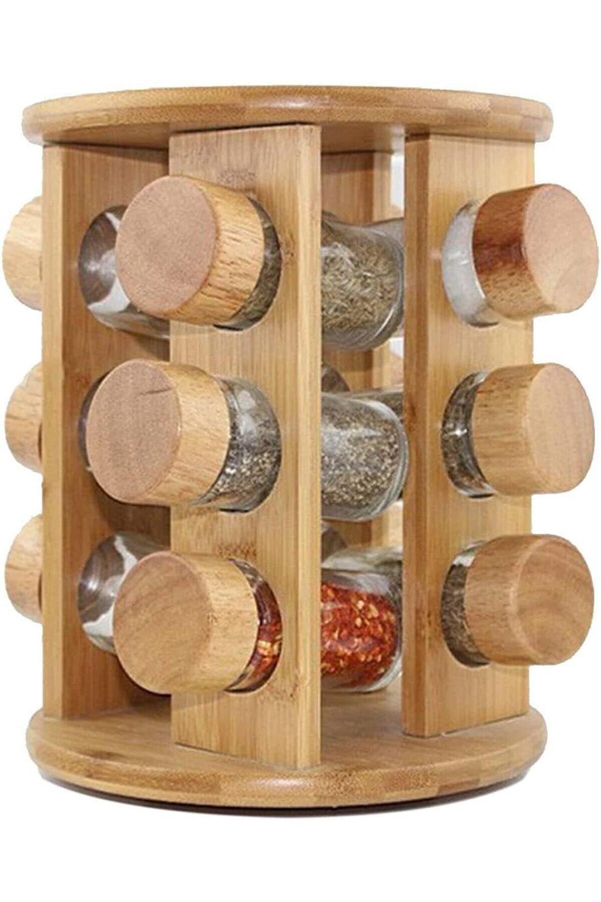 STOREMAX ynsShoping Bambu Döner Şık Seti 13 Parça, Mutfak Tezğahına Uygun Bambu Yer Kaplamayan Cam Şişe Döner