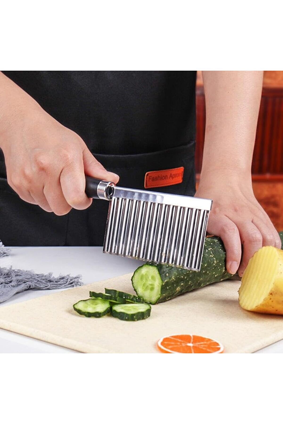 Jptrshop Si̇li̇kon Saplı Çok İşlevli̇ Paslanmaz Çeli̇k Doğrayıcı Dalgalı Patates Havuç Kesi̇ci̇