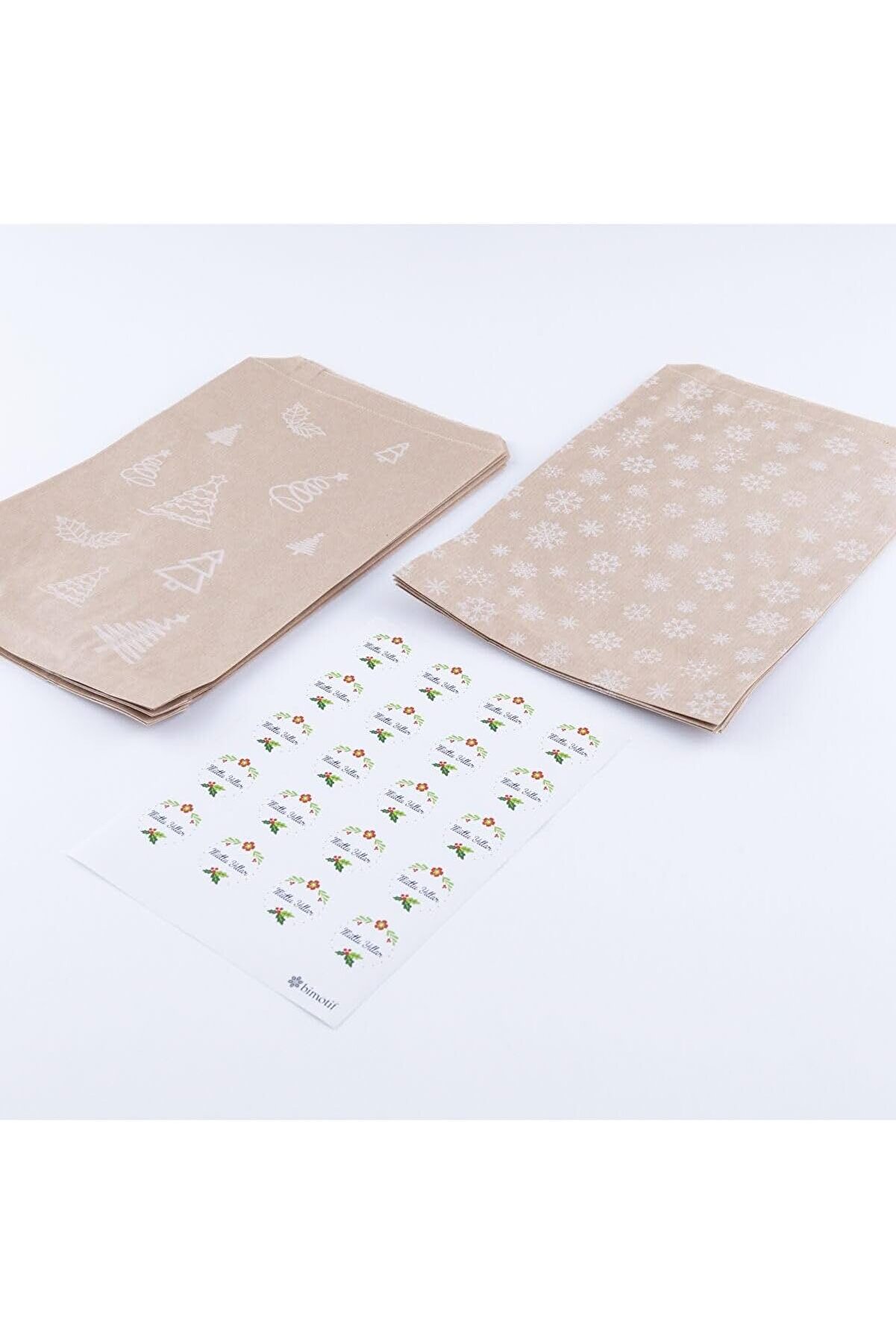 STOREMAX snShop 20 adet çam ve kar desenli kese kağıdı (18x30 cm) ve çiçekli mutlu yıllar stickerdan o