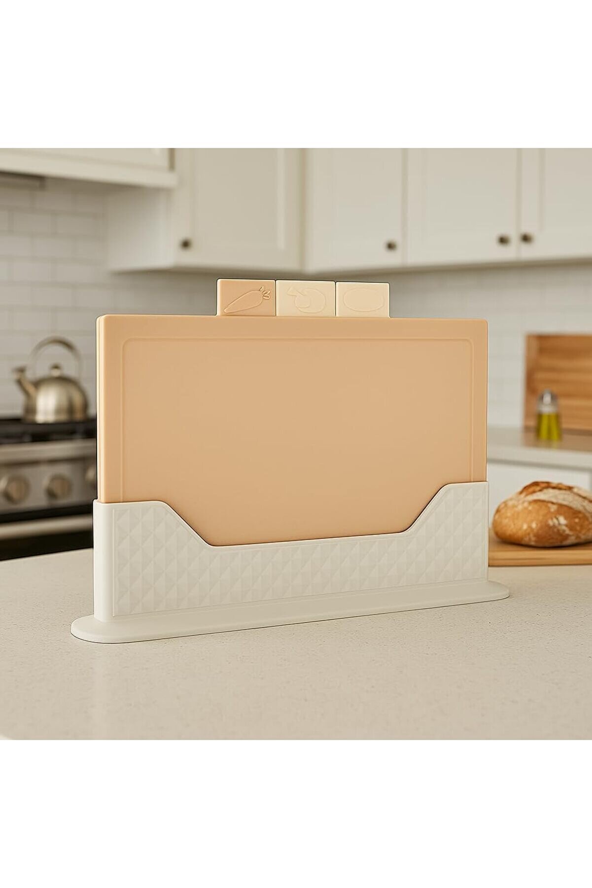 STOREMAX jevnna Coffy 4 Parça Plastik Kesme Tahtası Seti + Stand – Renkli, Hijyenik, Kaymaz 3 Adet Gıda