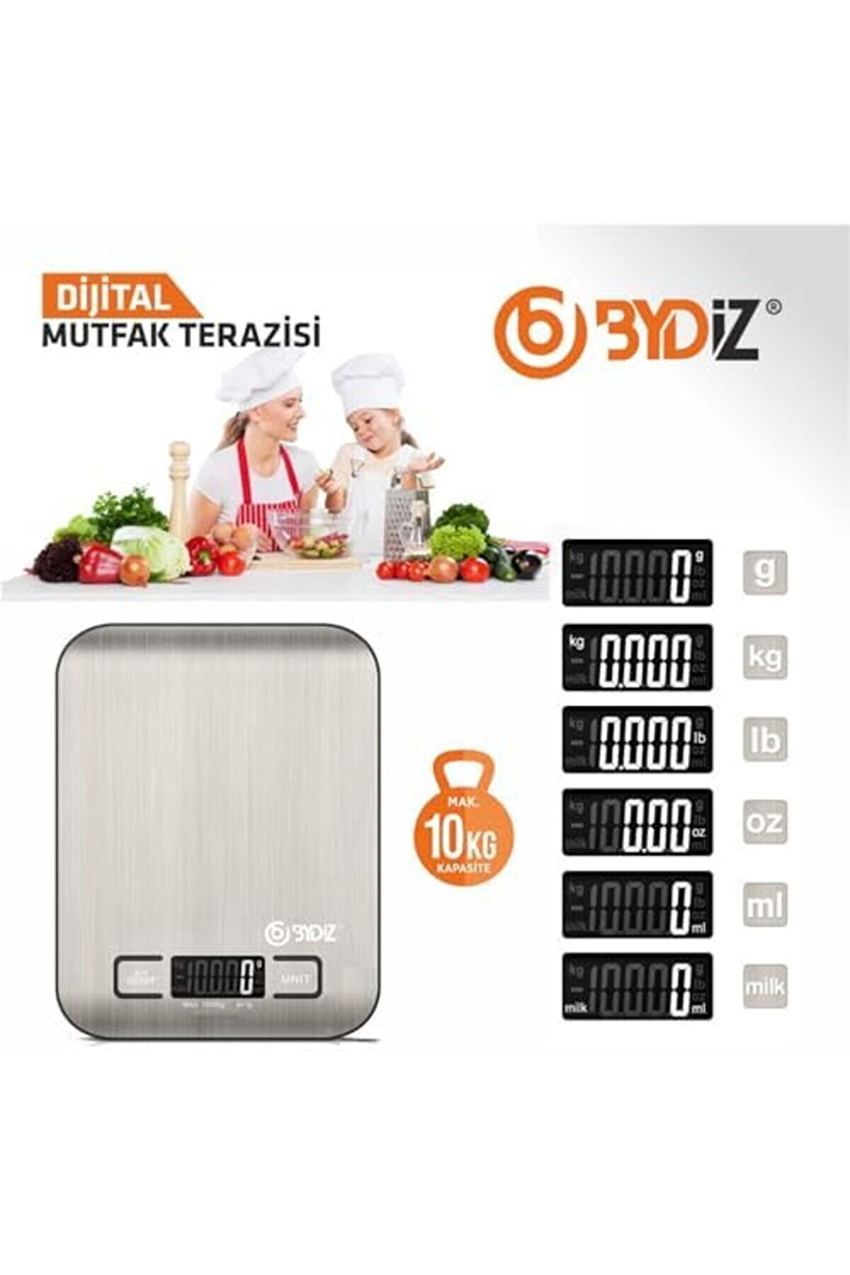 Lvnshop By-005 Mutfak Terazi̇si̇ - Paslanmaz Çeli̇k Yüzeyli̇ Mutfak Tartısı - Dara İşlevi̇, Led Ekran, 5