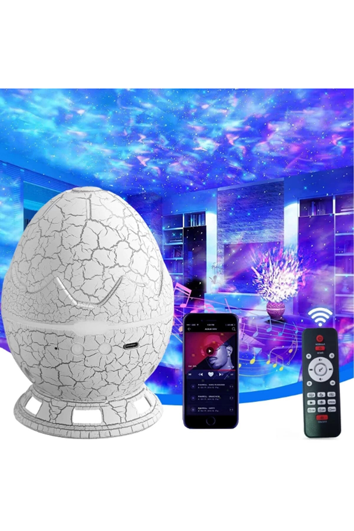 gizmurstore Çatlak Dinozor Yumurtası Tasarımlı Projektörlü Gece Lambası Bluetooth Özellikli